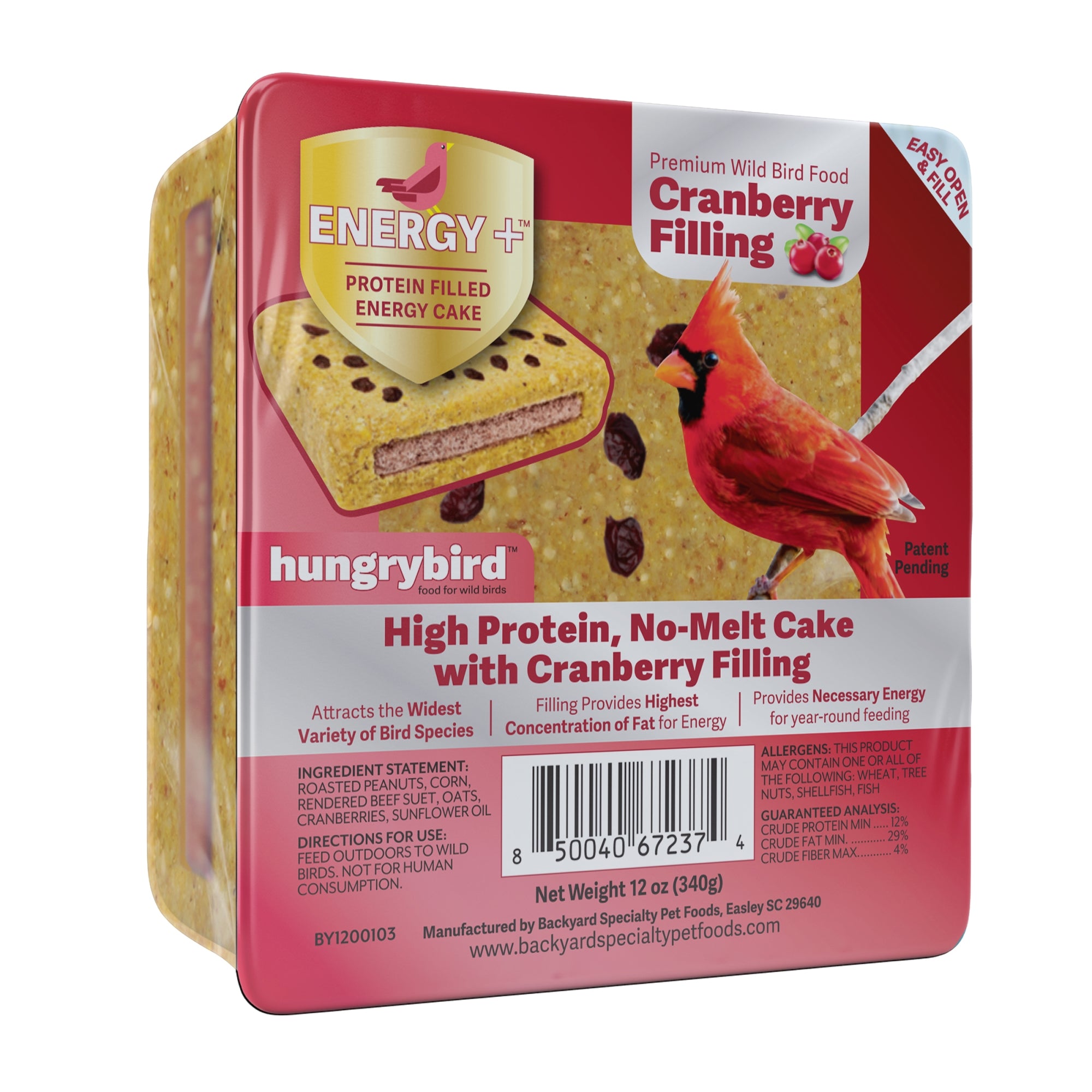 Hungrybird Energy+ No-Melt, High-Protein Suet Cake with Cranberry Filling for Outside Wild Bird Feeders