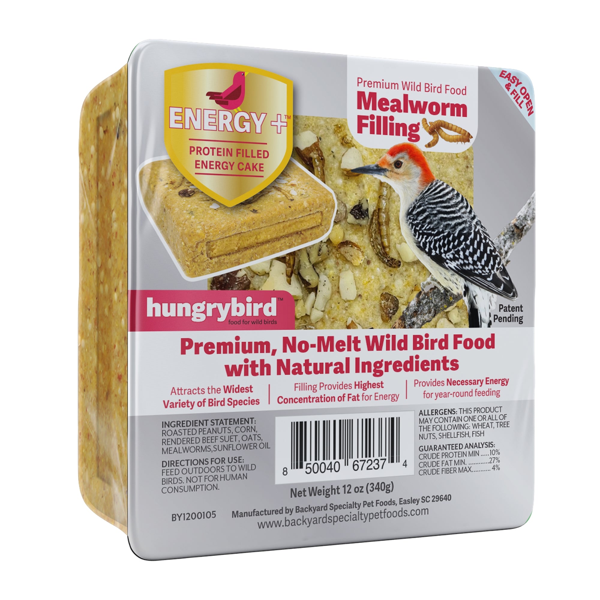 Hungrybird Energy+ No-Melt, High-Protein Suet Cake with Mealworm Filling for Outside Wild Bird Feeders
