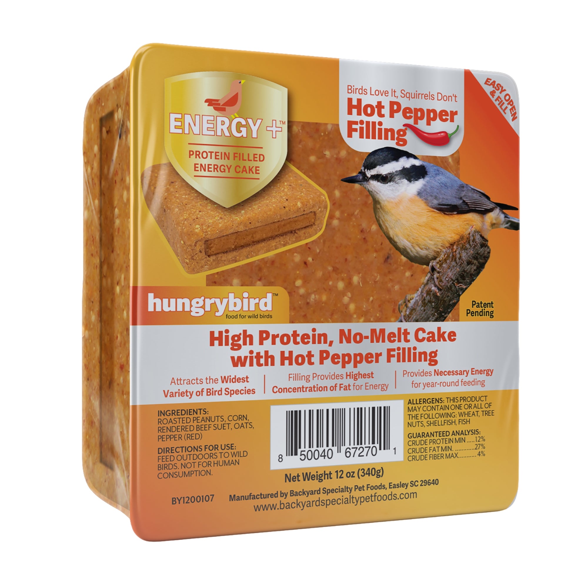 Hungrybird Energy+ No-Melt, High-Protein Suet Cake with Hot Pepper Filling for Outside Wild Bird Feeders