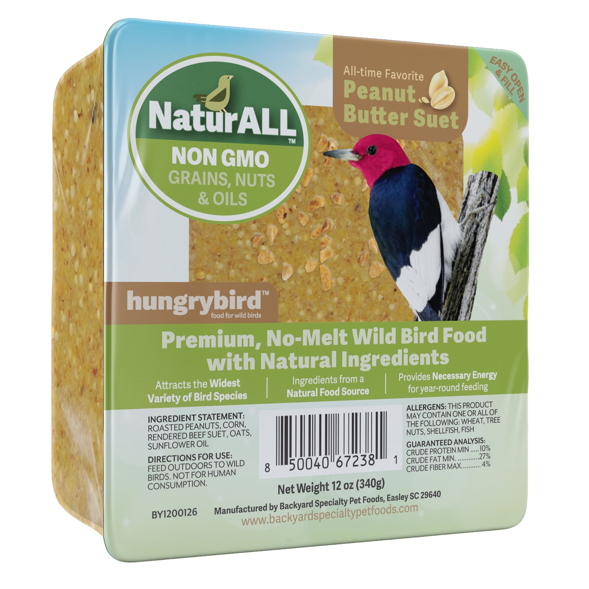 Hungrybird NaturAll Non-GMO, High-Protein Peanut Butter Suet Cake for Outside Wild Bird Feeders