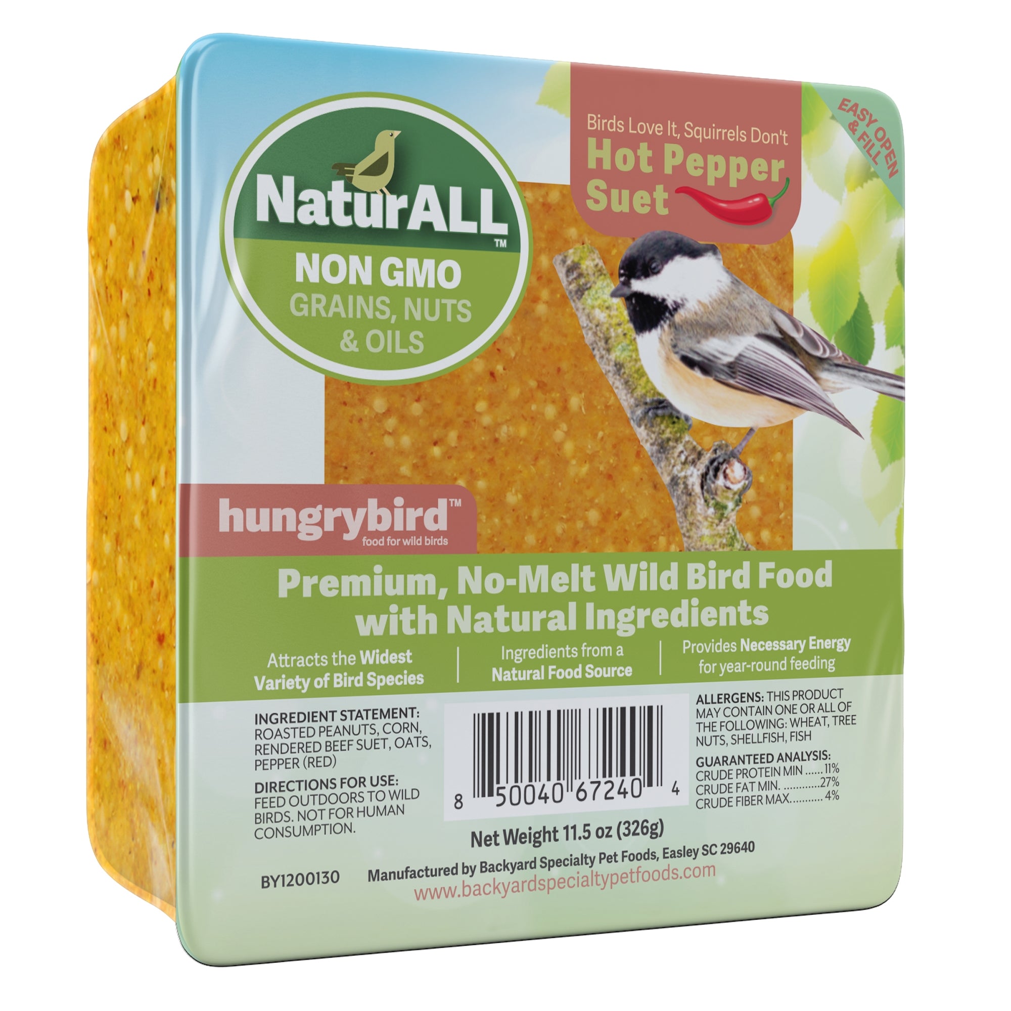 Hungrybird NaturAll Non-GMO, High-Protein Hot Pepper Suet Cake for Ouside Wild Bird Feeders