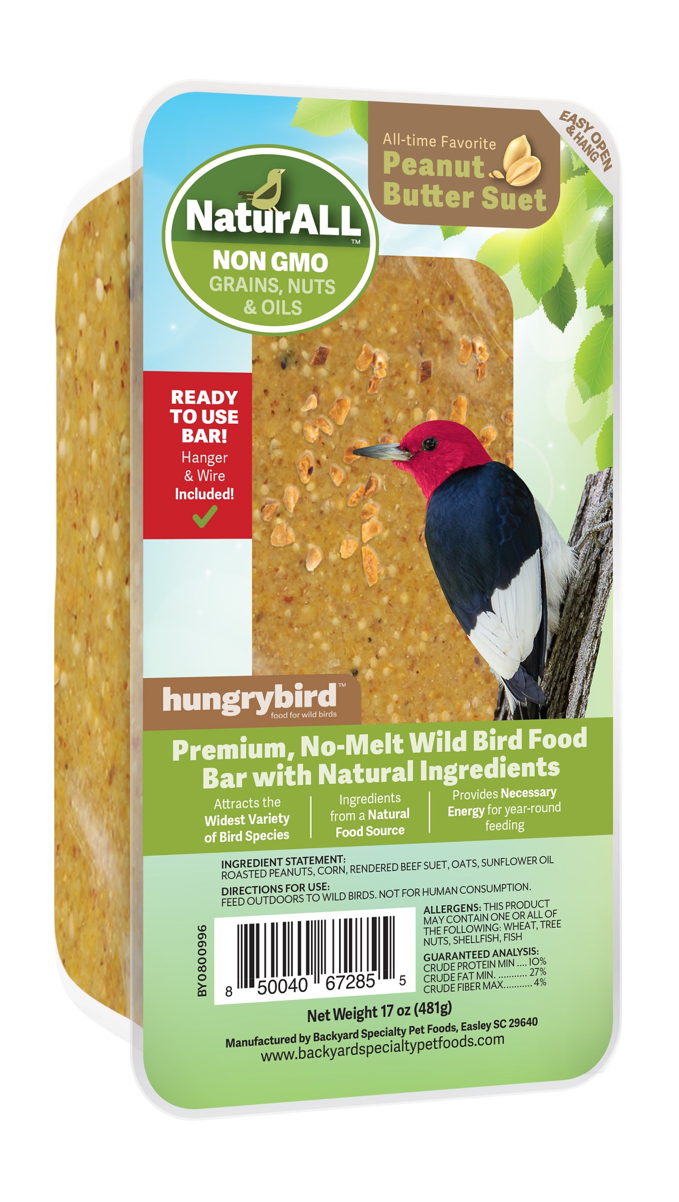 Hungrybird NaturAll Non-GMO, High-Protein Suet Bar with Peanut Butter Filling for Outside Wild Birds