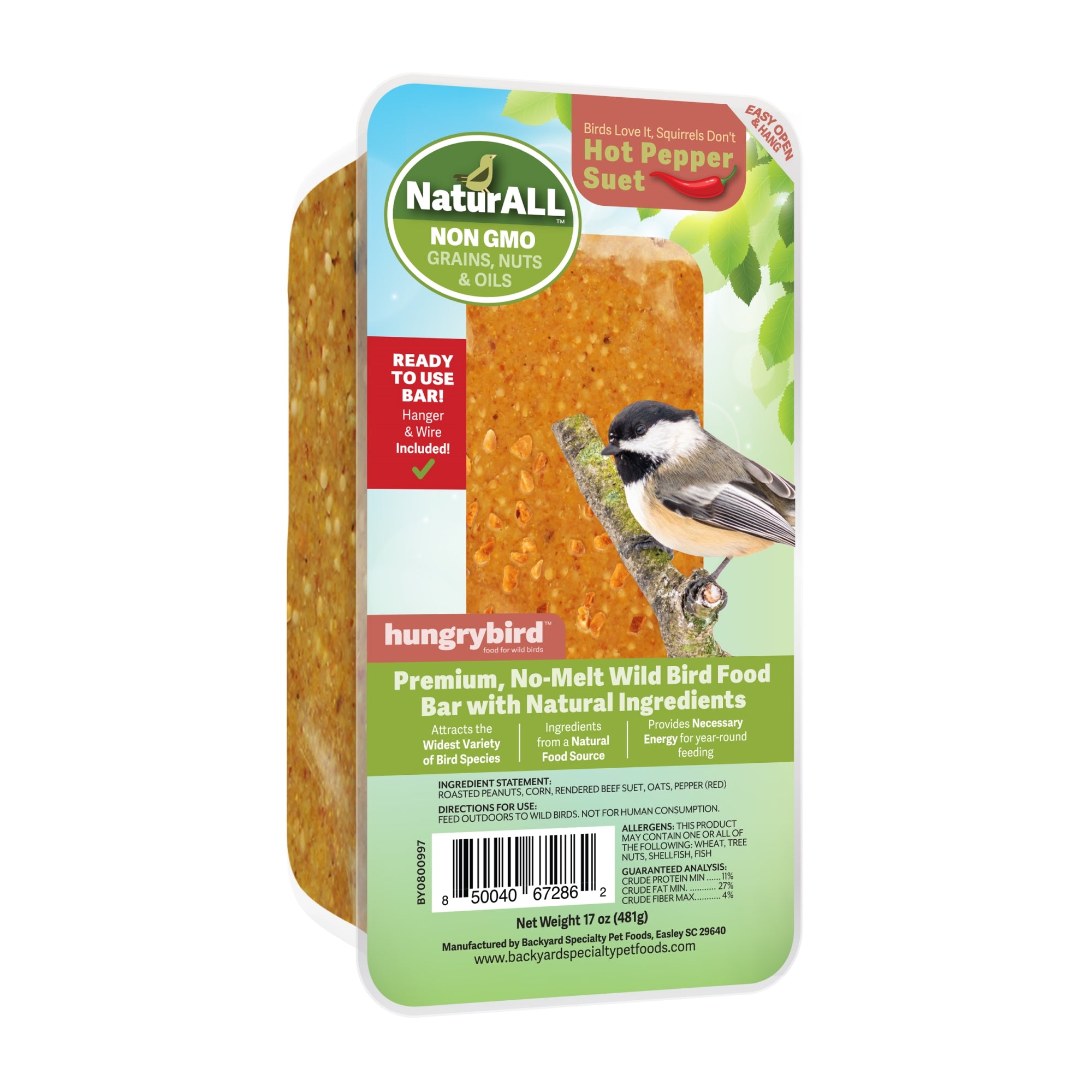 Hungrybird NaturAll Non-GMO, High-Protein Suet Bar with Hot Pepper Filling for Outside Wild Birds