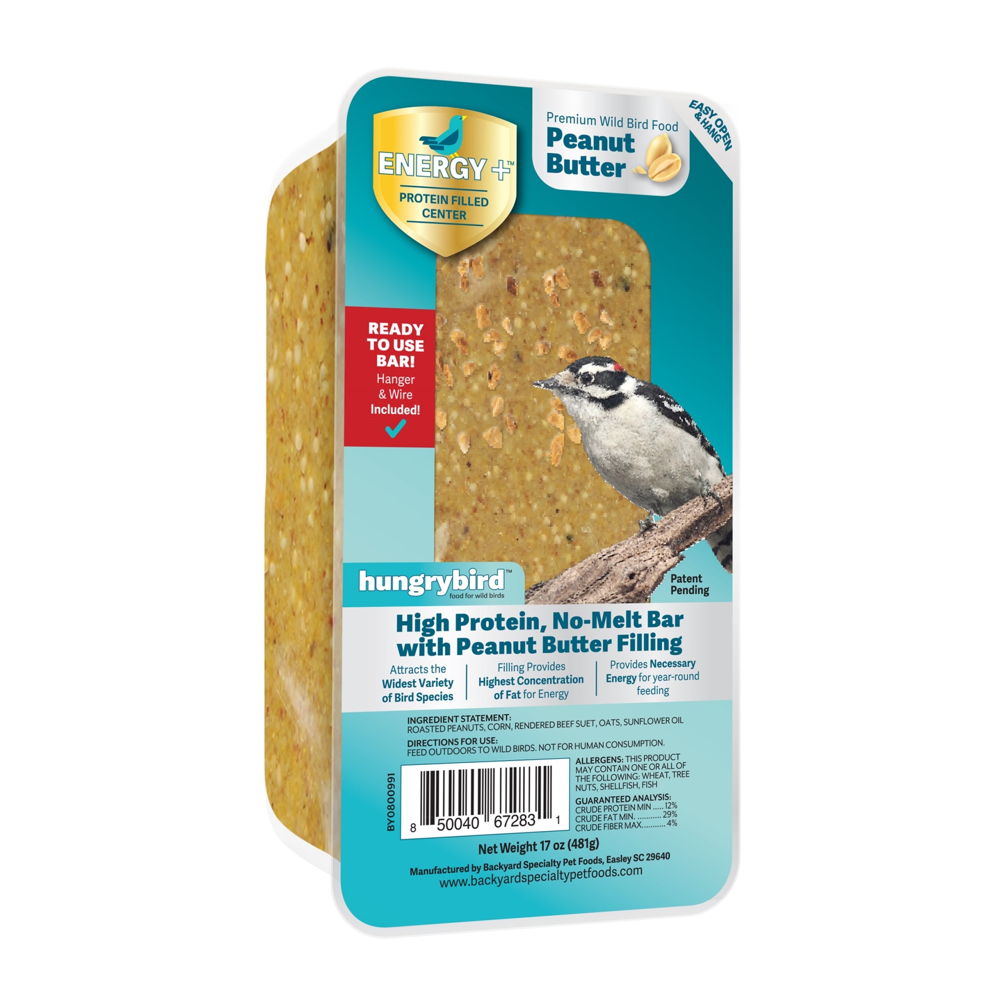 Hungrybird Energy+ High-Protein Suet Bar with Peanut Butter Filling for Outside Wild Birds