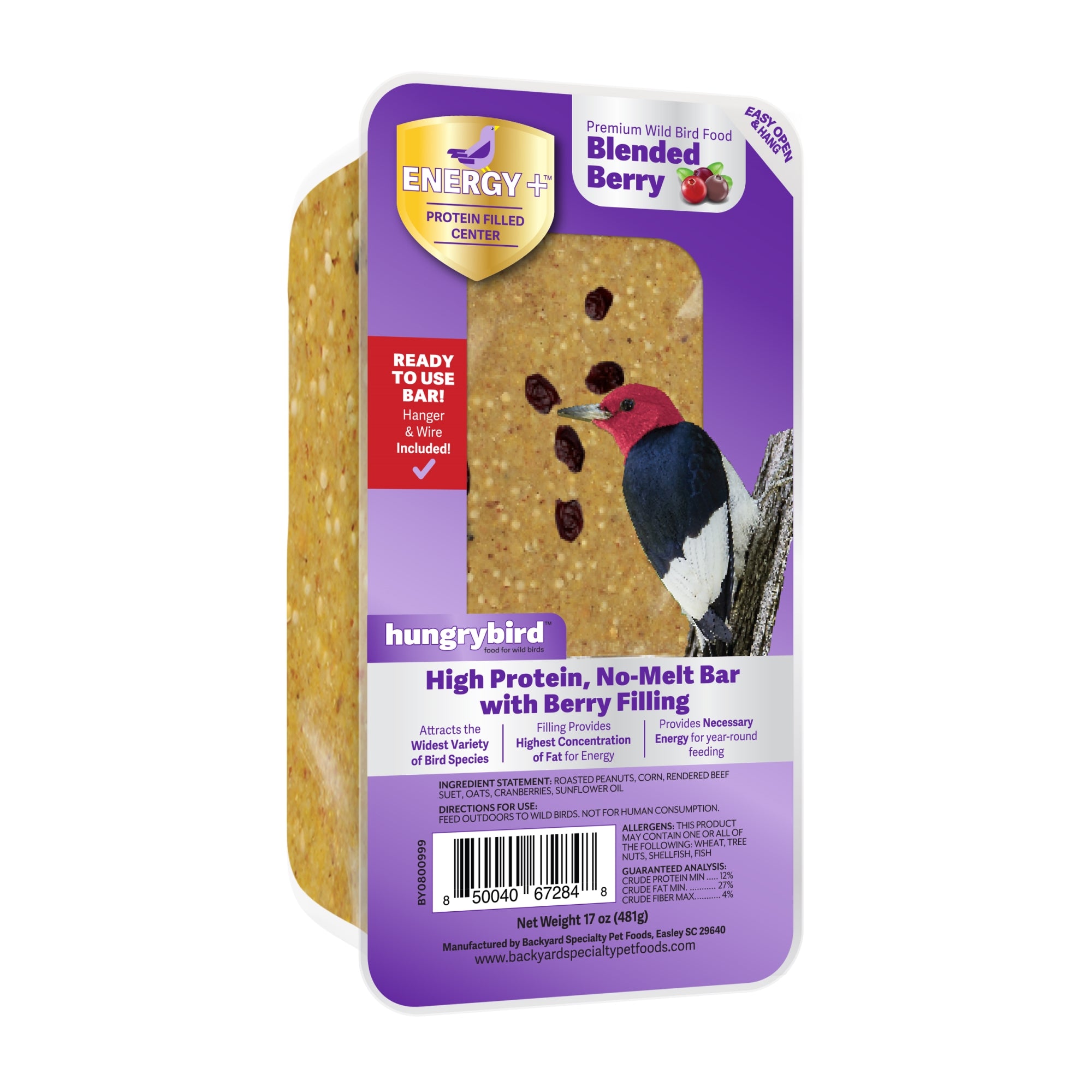 Hungrybird Energy+ High-Protein Suet Bar with Blended Berry Filling for Outside Wild Birds