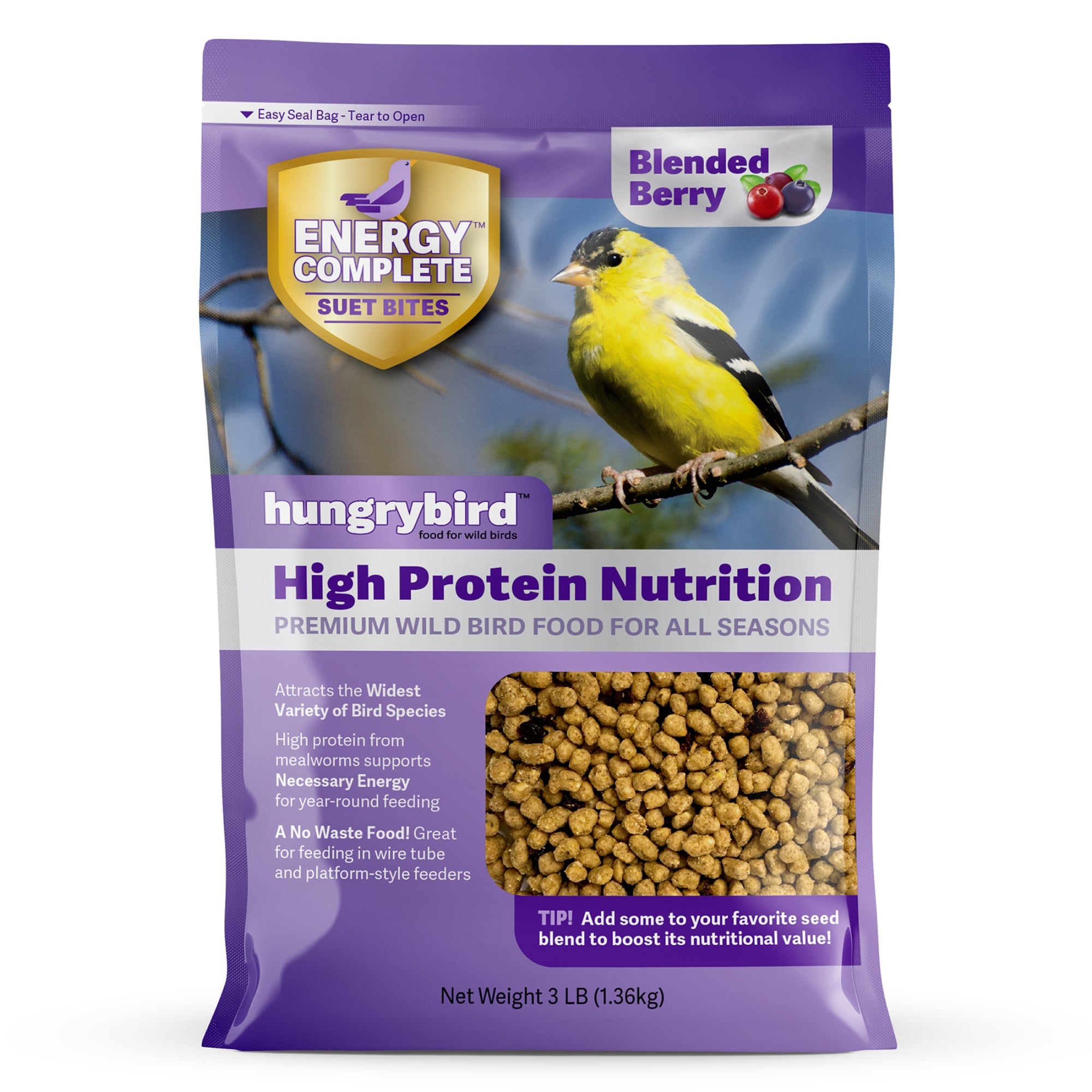 Hungrybird Energy Complete, 3lb - High-Protein Blended Berry Suet Bites for Outside Wild Bird