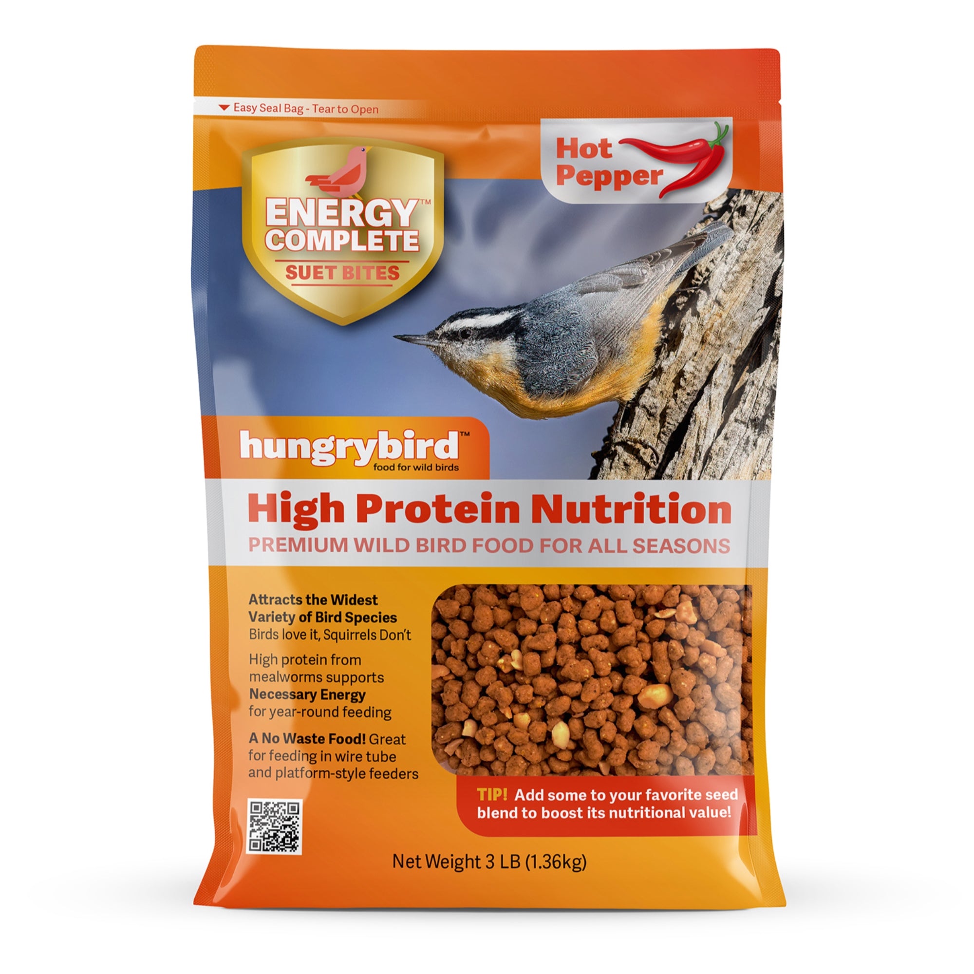 Hungrybird Energy Complete, 3lbs -  High-Protein Hot Pepper Suet Bites for Outside Wild Birds