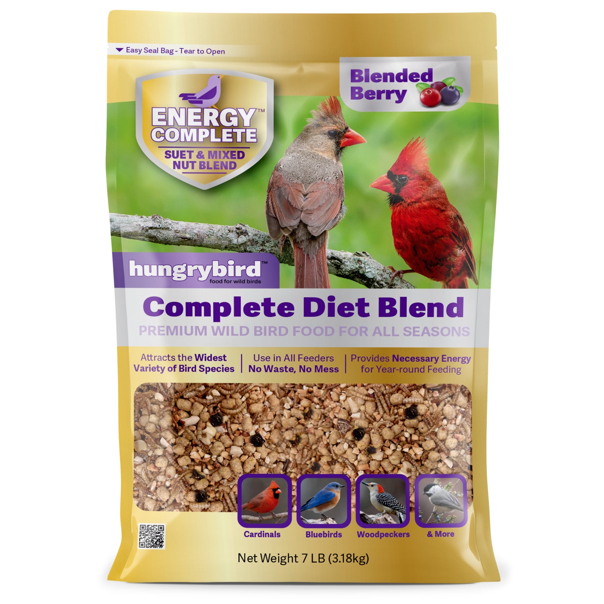 Hungrybird Energy Complete Diet, 7lb - All-Season Blended Berry Suet & Mixed Nut Blend for Wild Birds