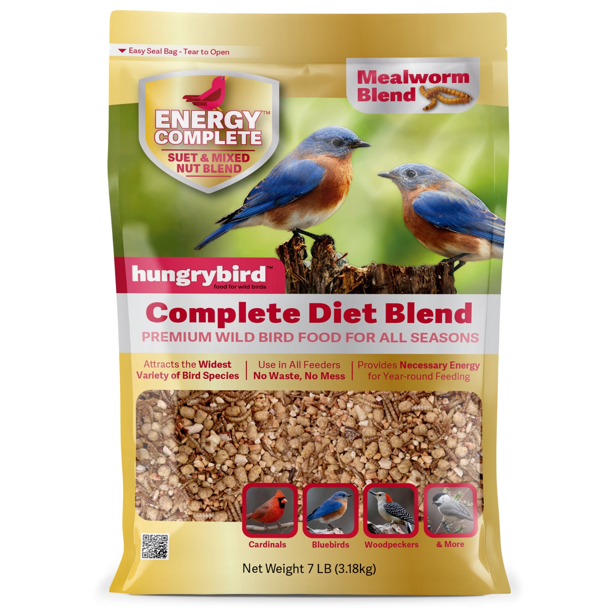 Hungrybird Energy Complete Diet, 7lb - All-Season Mealworm Suet & Mixed Nut Blend for Wild Birds