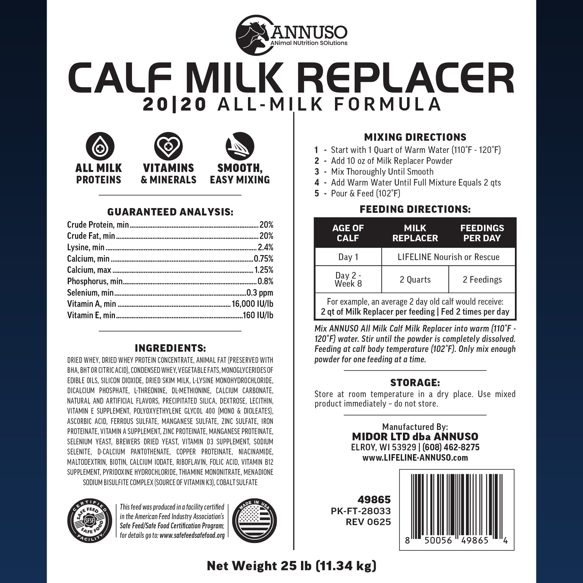 ANNUSO LIFELINE Calf Milk Replacer 20:20, 25lb Bag