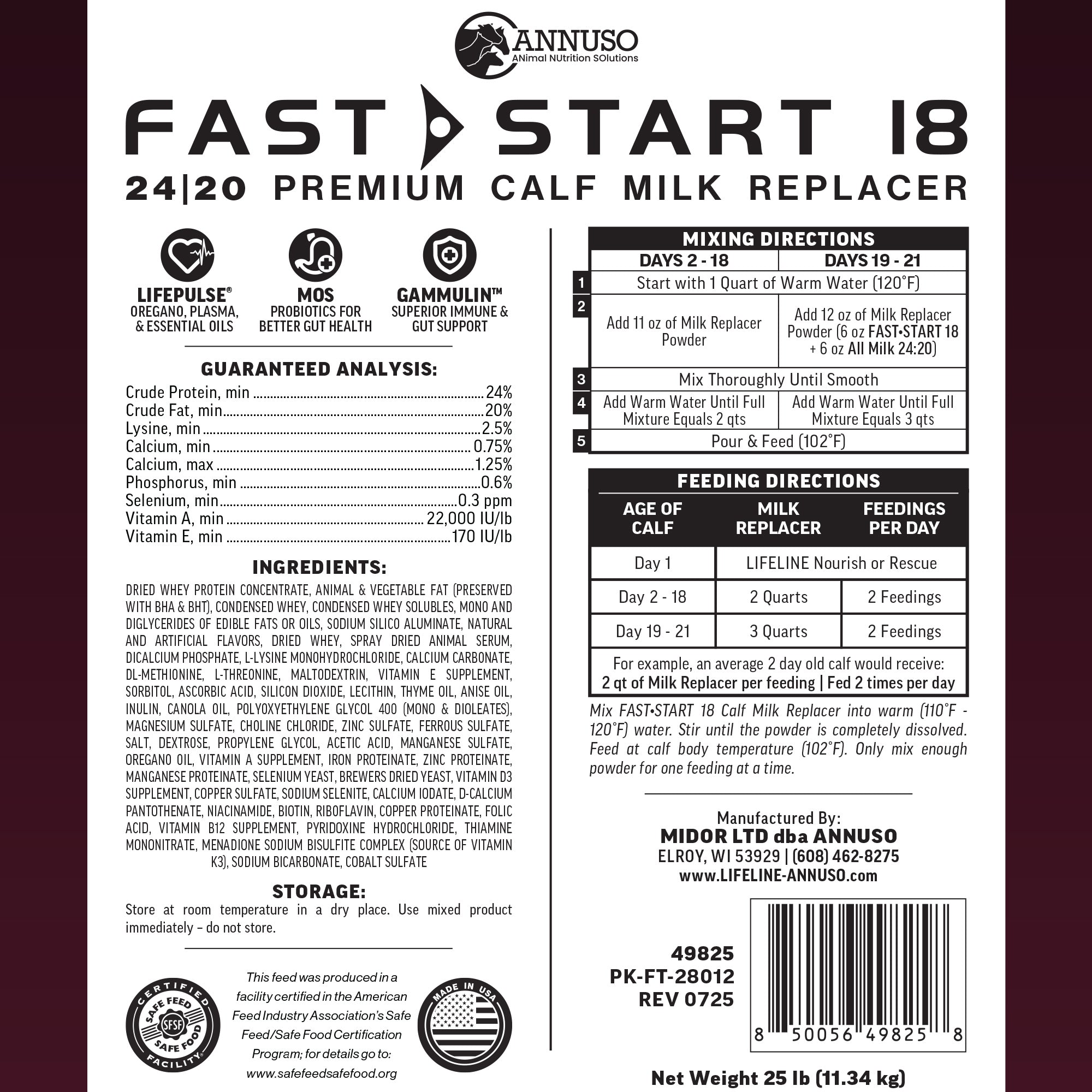 ANNUSO LIFELINE Fast Start 18 Calf Milk Replacer 24:20, 25lb Bag