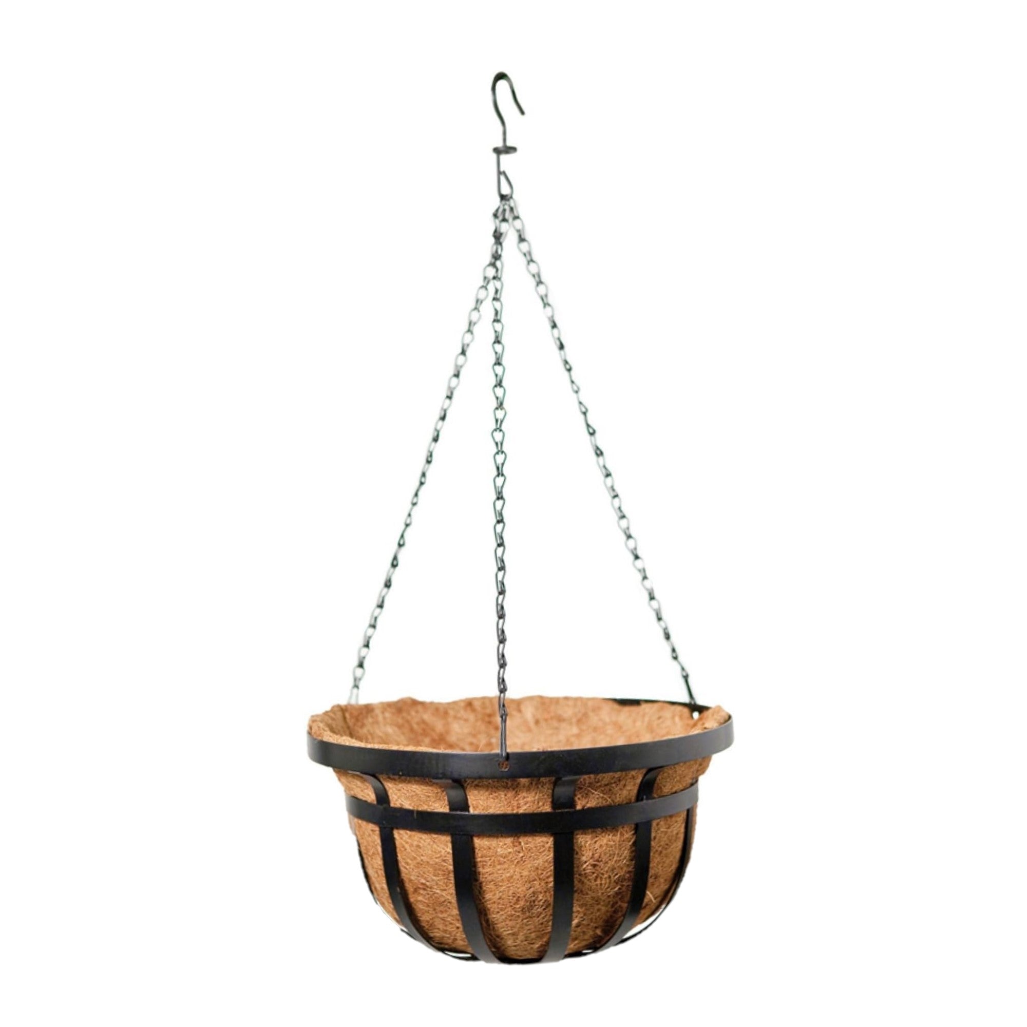 Panacea Flat Iron Outdoor Round Hanging Basket Planter with Coco Liner, Black, 14in