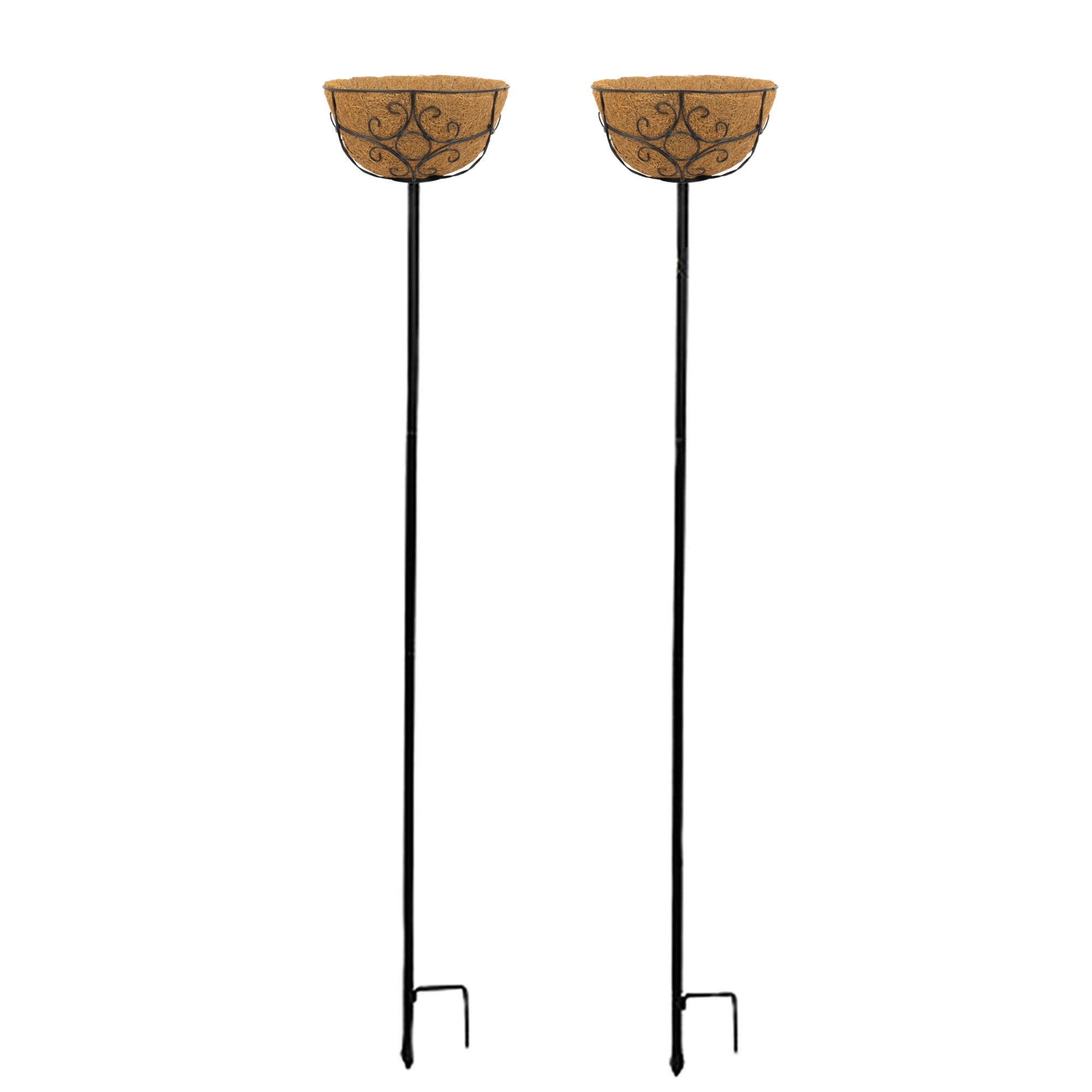 Panacea Outdoor Garden Stakes with Coco-Lined Planter Baskets, Black, 69in (Pack of 2)