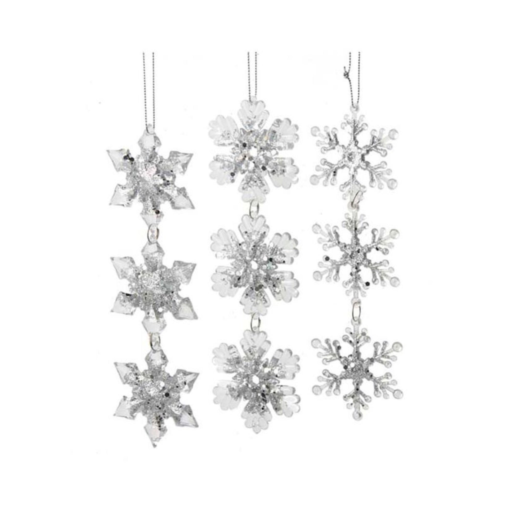 Kurt Adler Acrylic Ornaments for Christmas Tree, Ice Silver & Clear Snowflakes, Assorted (Pack of 3)