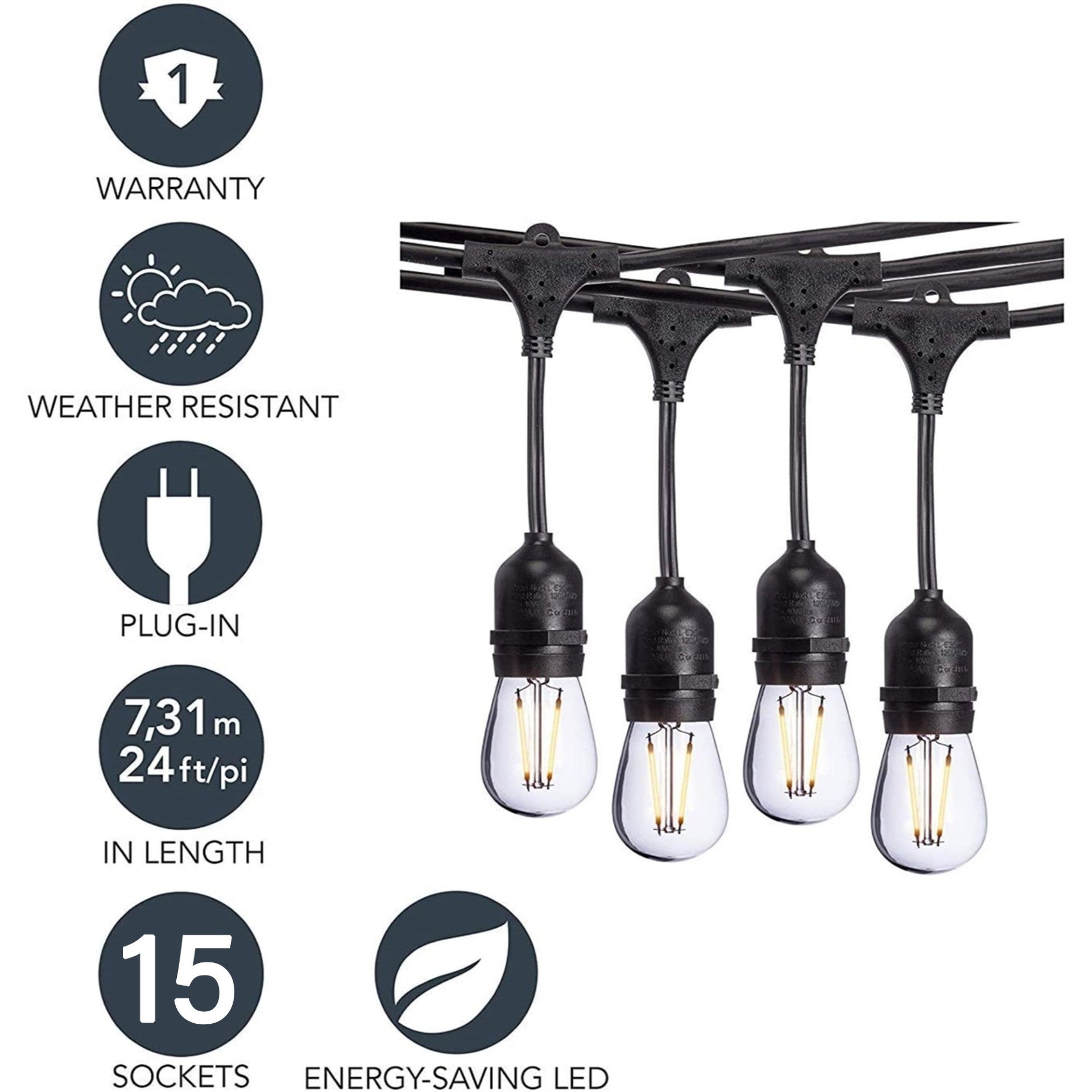 Sterno Home Vintage-Style Outdoor LED String Lights, Black, 48 Feet