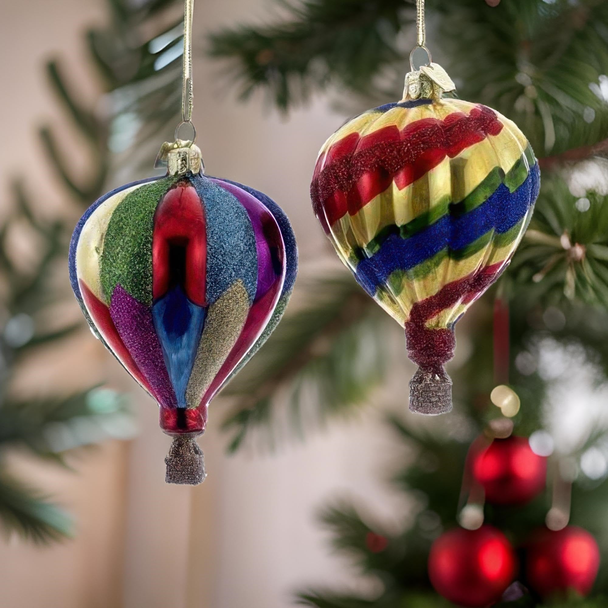 Kurt Adler Noble Gems Glass Ornaments for Christmas Tree, Hot Air Balloons, Assorted (Pack of 2)