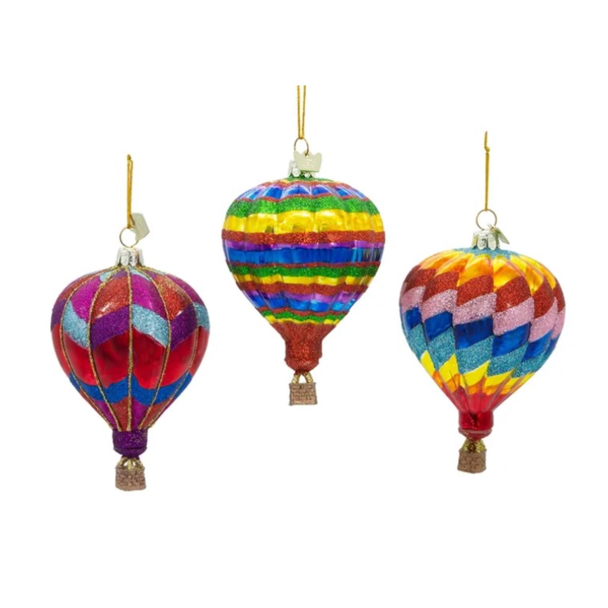Kurt Adler Noble Gems Glass Ornaments for Christmas Tree, Hot Air Balloons, Assorted (Pack of 3)