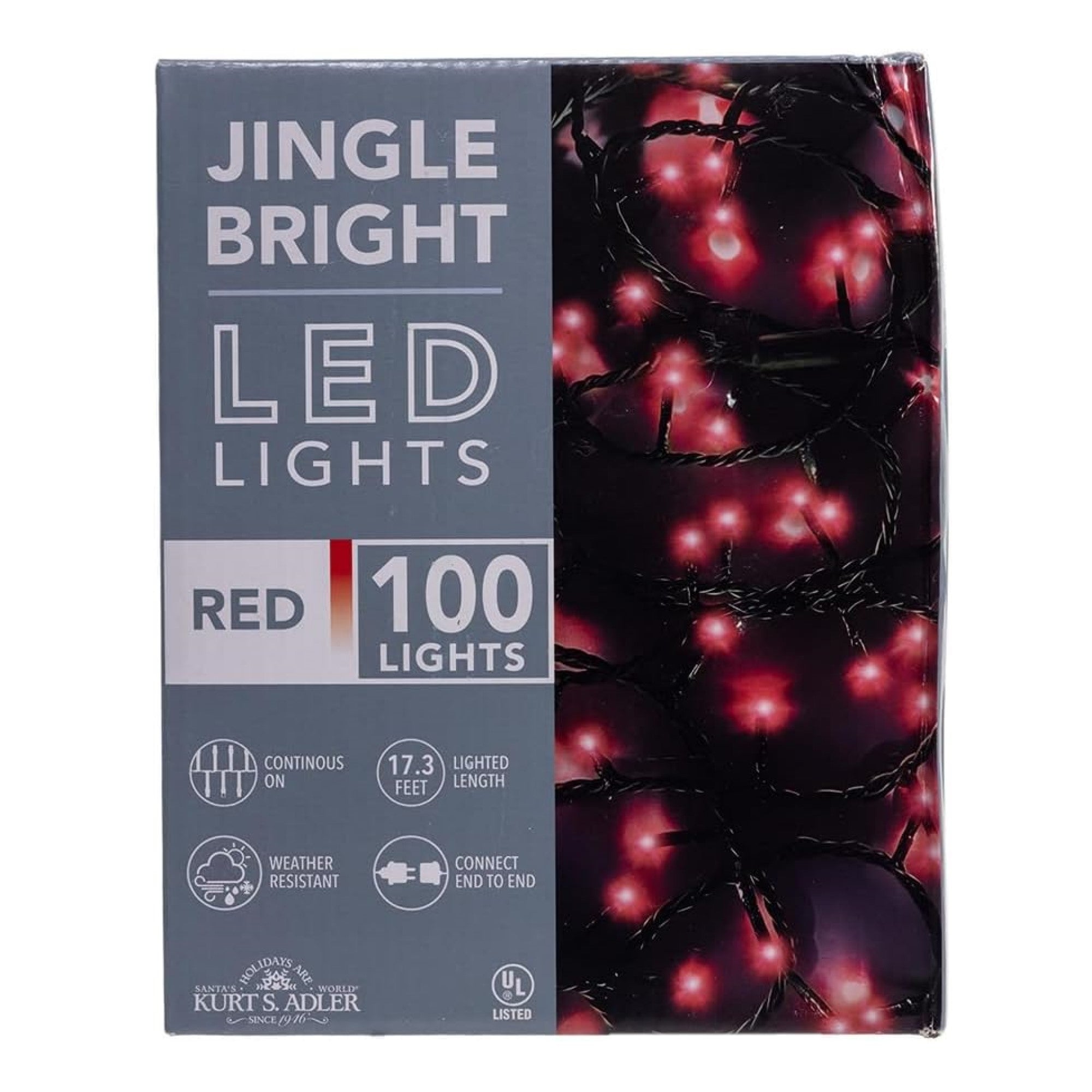 Kurt Adler Indoor/Outdoor Jingle Bright LED Light Set, 100 LED Lights on Green Wire, Red, 17ft