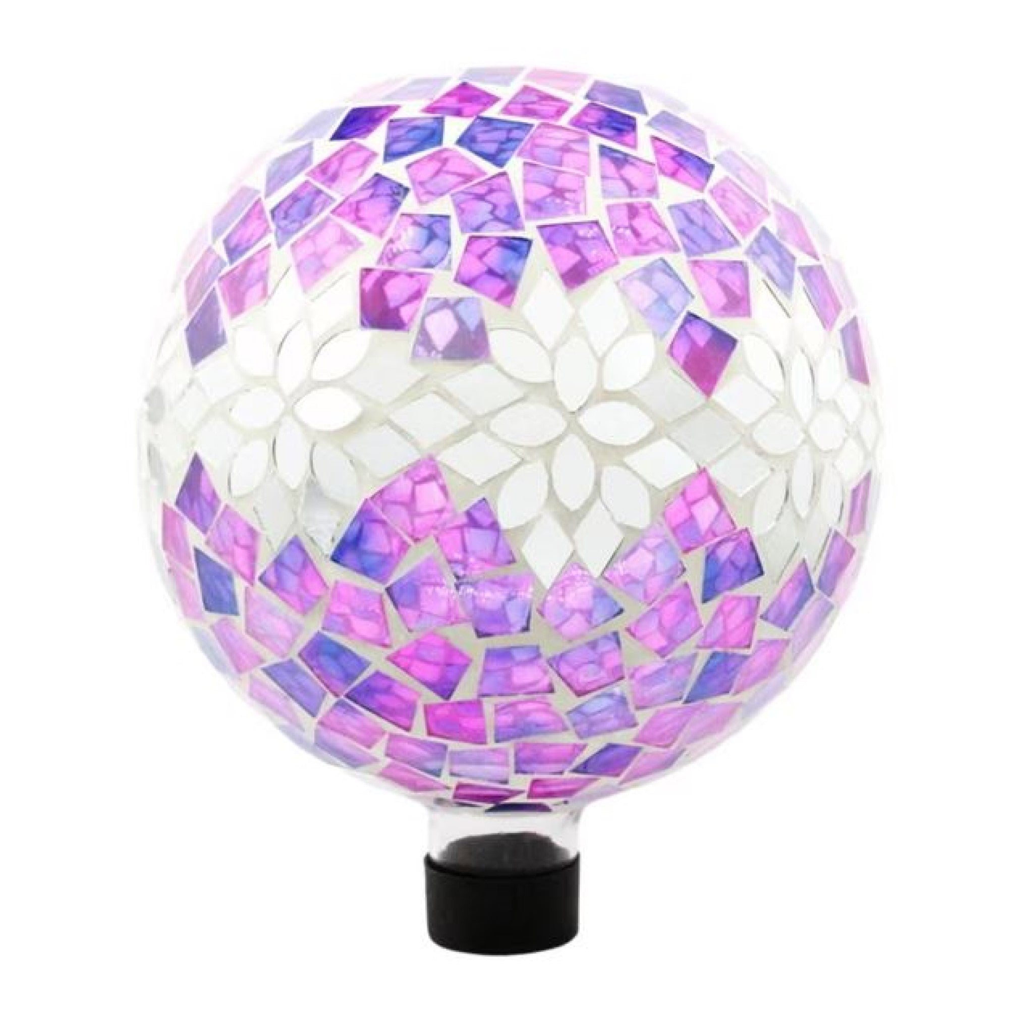 Very Cool Stuff Mosaic Glass Gazing Globe with Hanging Chain, Silver & Pink Floral Tile, 10in