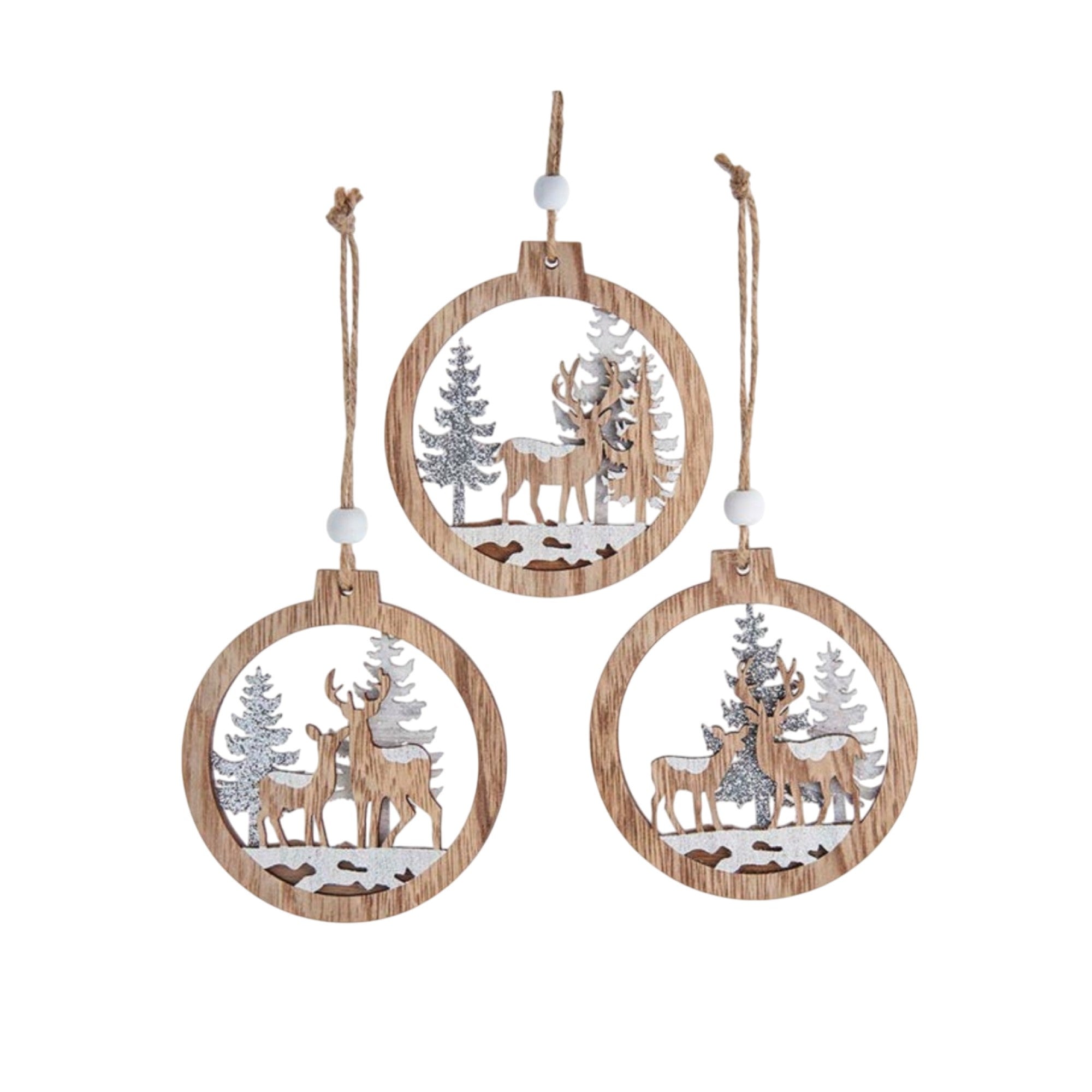 Kurt Adler Wooden Ornaments for Christmas Tree, Reindeer with Tree, Assorted (Pack of 3)