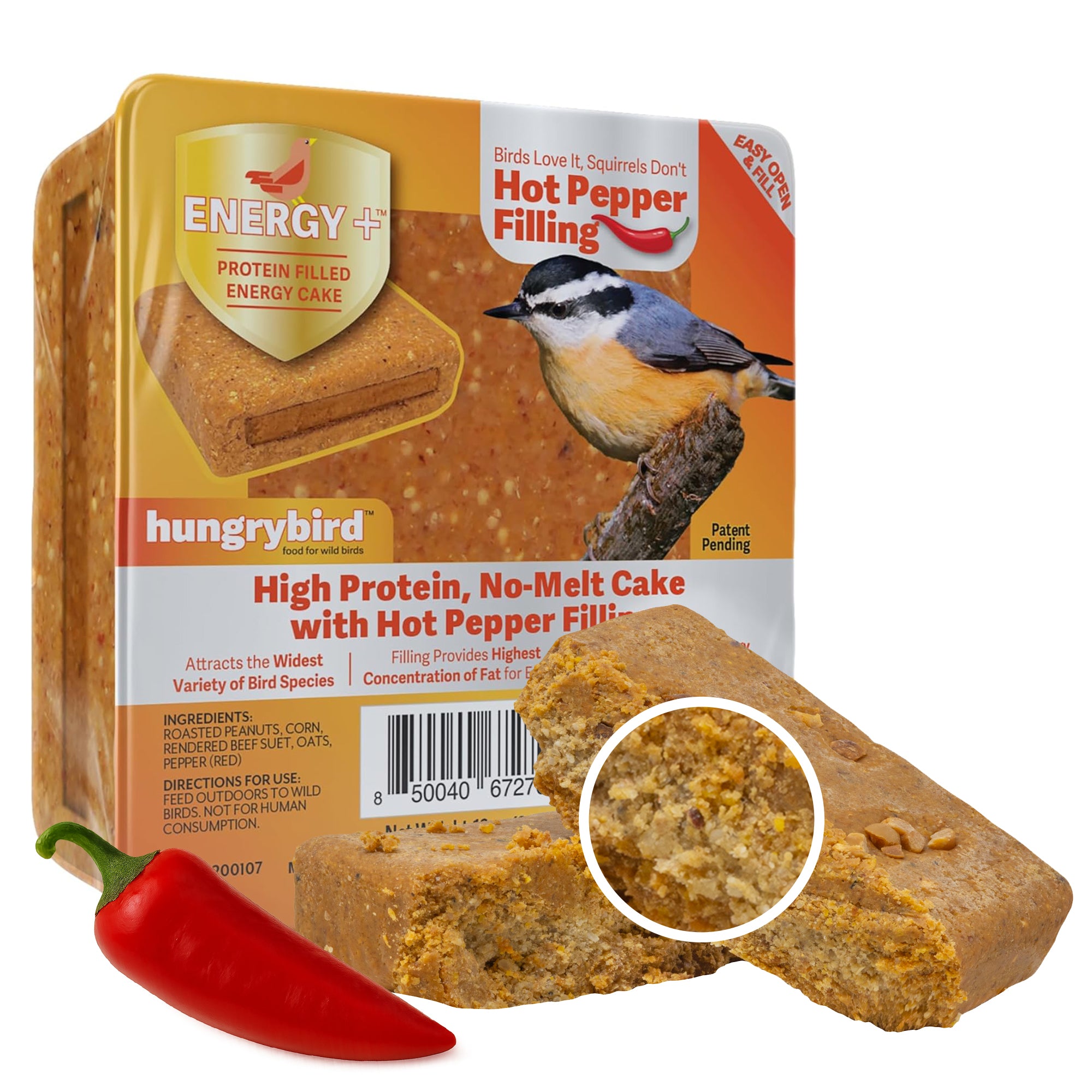 Hungrybird Energy+ No-Melt, High-Protein Suet Cake with Hot Pepper Filling