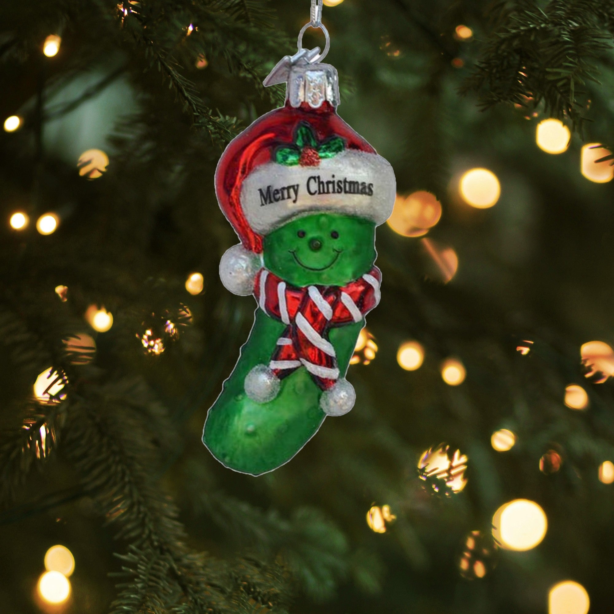 Kurt Adler Noble Gems Glass Ornament for Christmas Tree, Merry Christmas Pickle