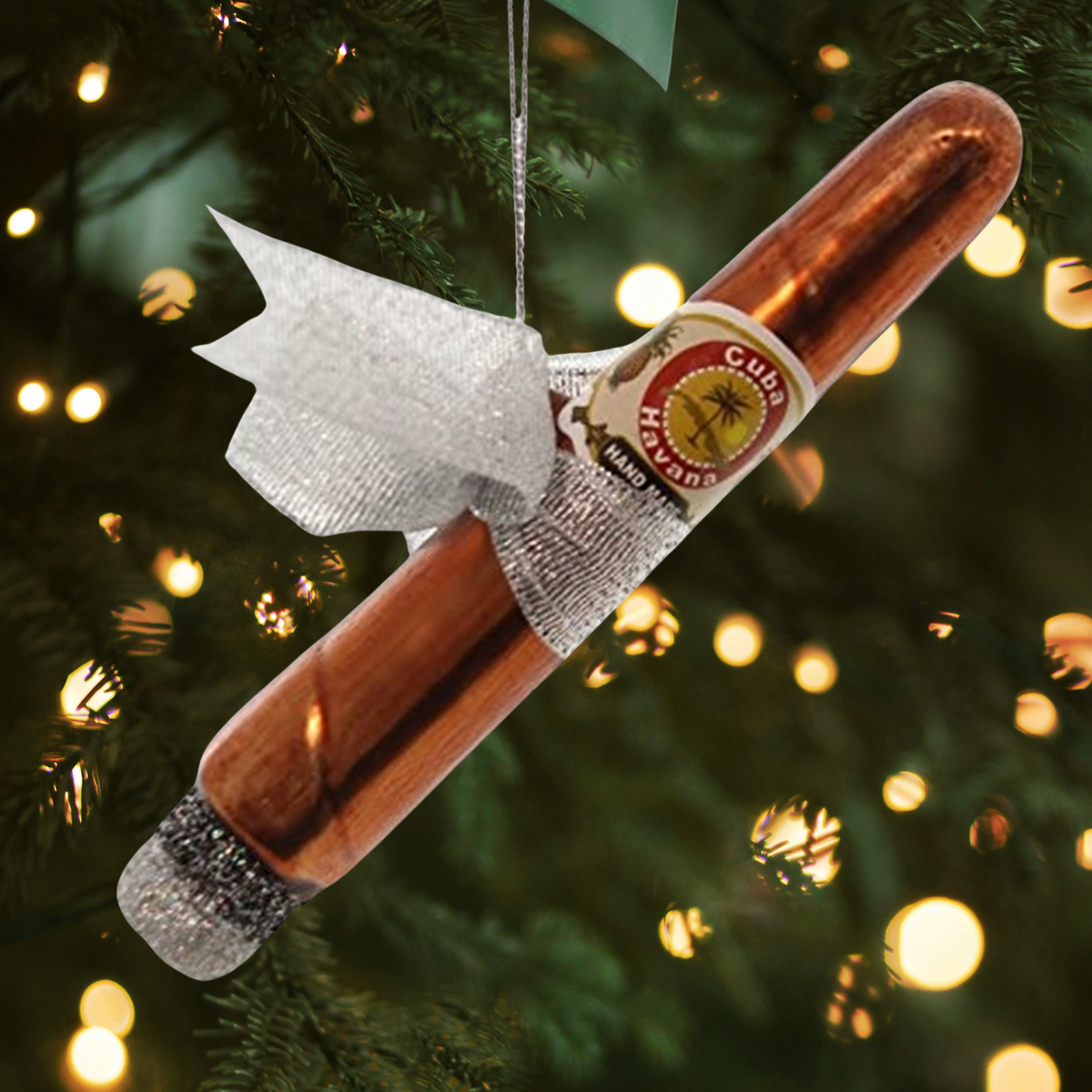Kurt Adler Noble Gems Glass Ornament for Christmas Tree, Cigar with Silver Glittered Fabric Bow