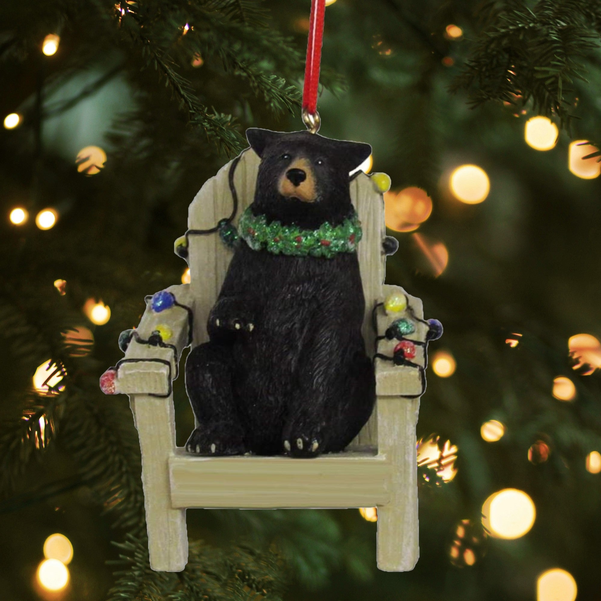 Kurt Adler Resin Christmas Tree Ornament, Black Bear On Adirondack Chair
