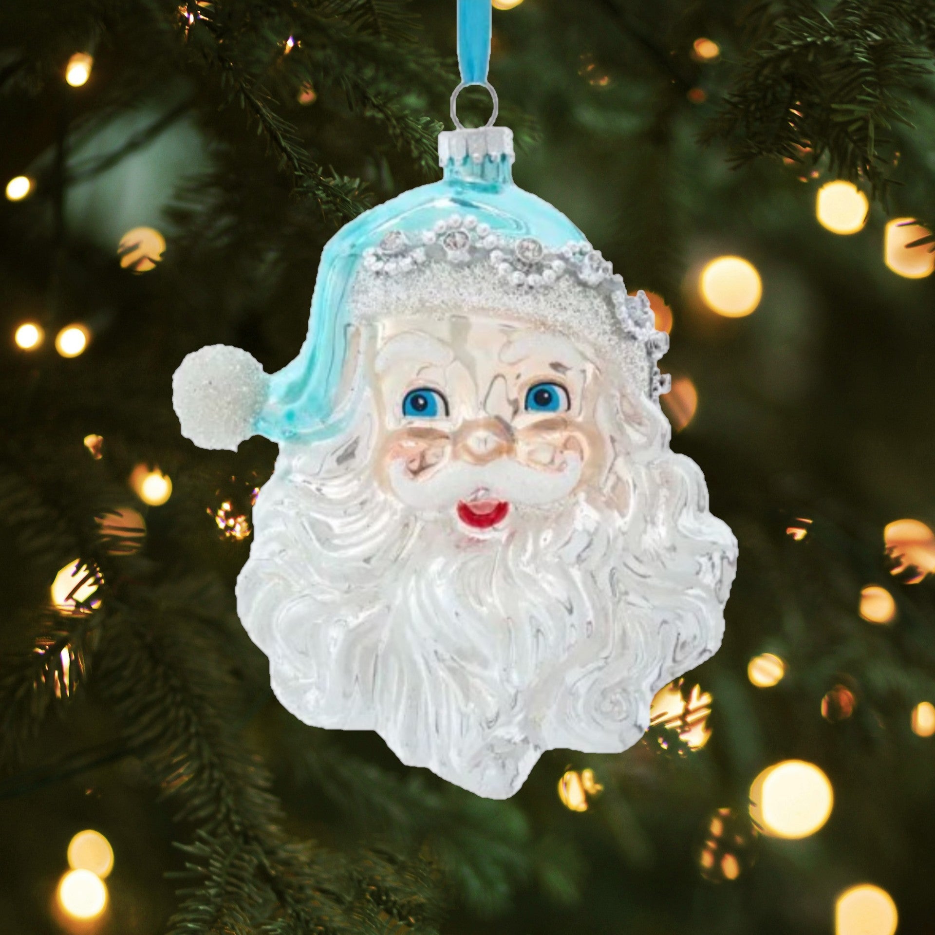 Kurt Adler Blue/Silver Glass Santa Christmas Tree Ornament