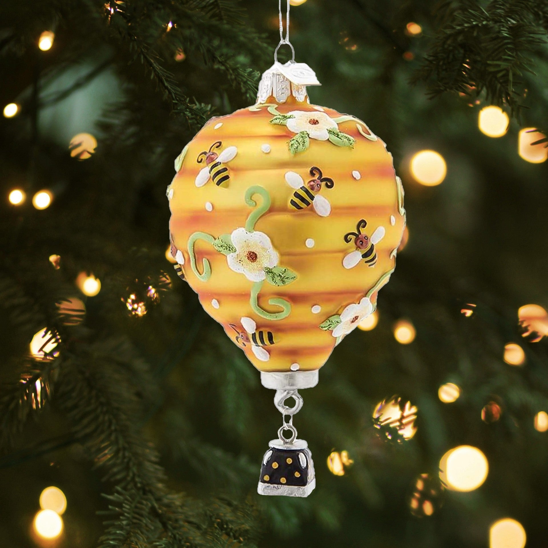Kurt Adler Noble Gems Glass Ornament for Christmas Tree, Hot Air Balloon with Bees
