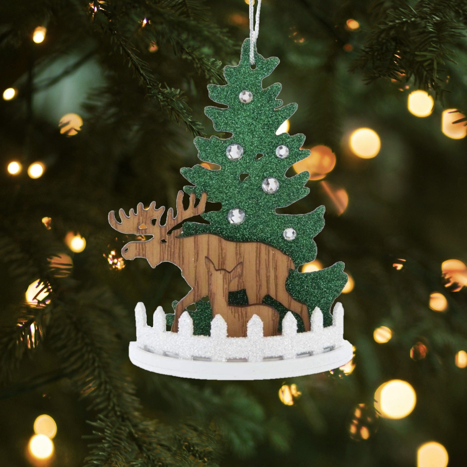 Kurt Adler Wooden Ornament for Christmas Tree, Tree with Reindeer