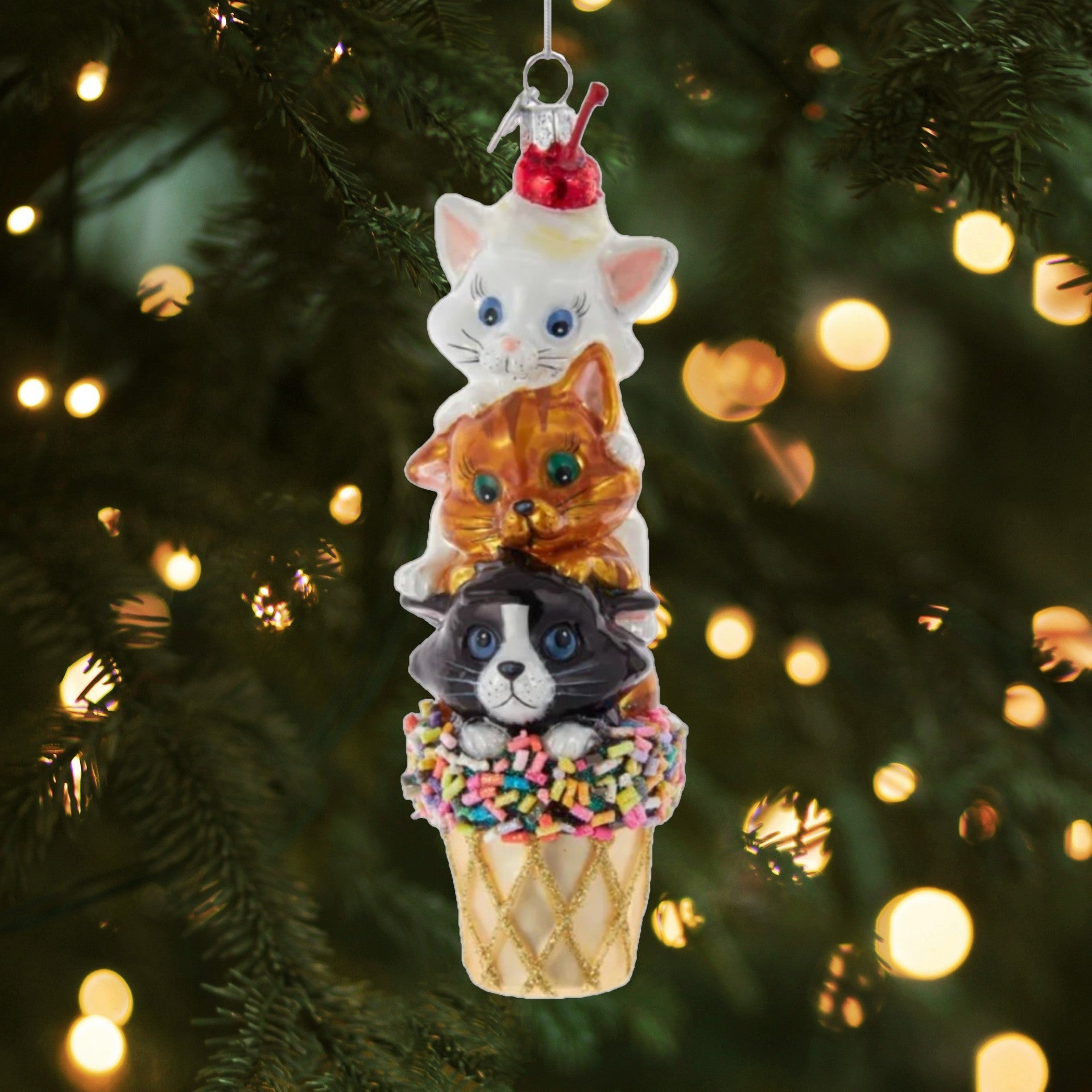 Kurt Adler Noble Gems Glass Ornament for Christmas Tree, Ice Cream Cone with Cats