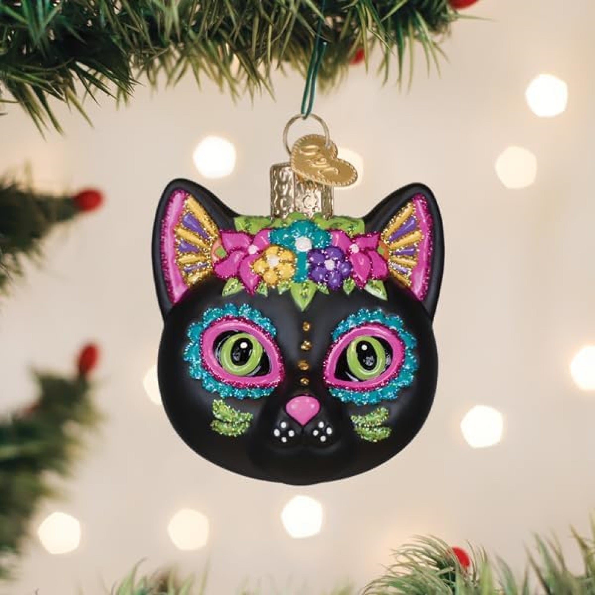 Old World Christmas Blown Glass Ornament for Christmas Tree, Dia De Los Muertos Cat