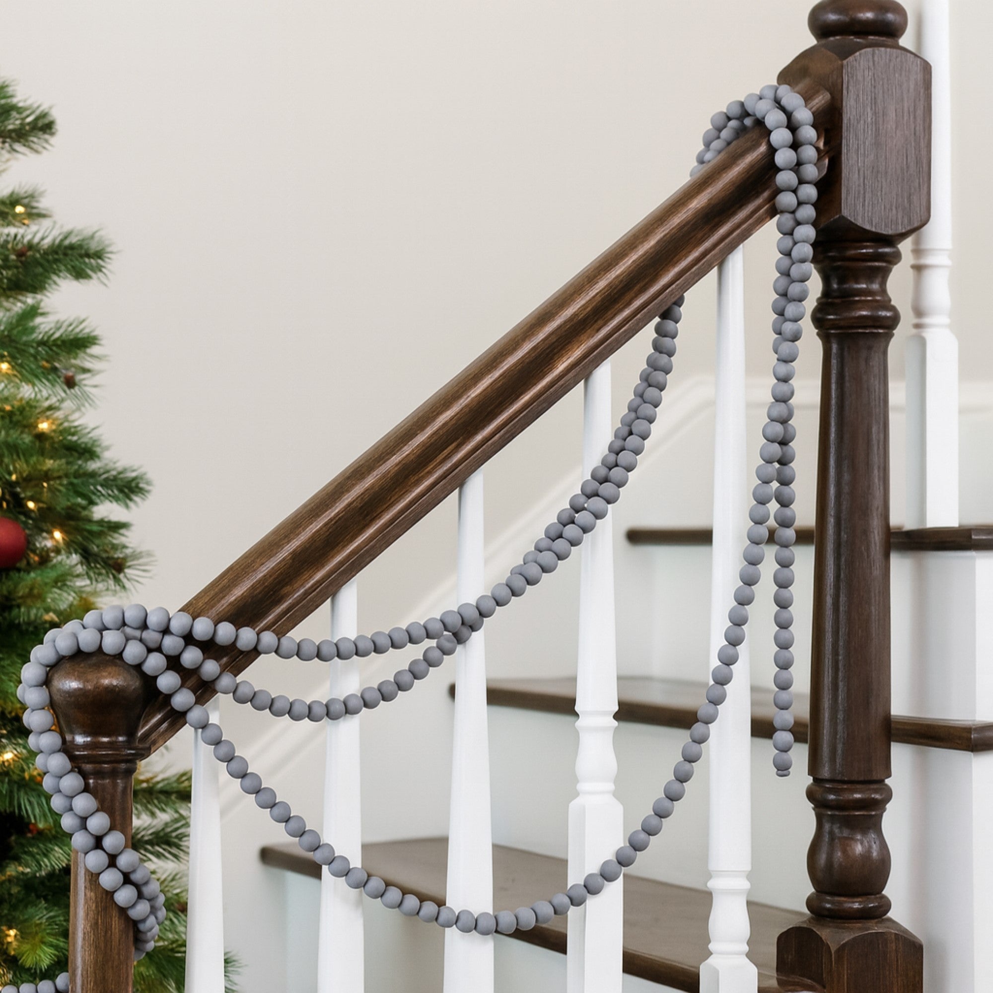 Kurt Adler Wooden Distressed Beaded Garland, Gray, 9ft