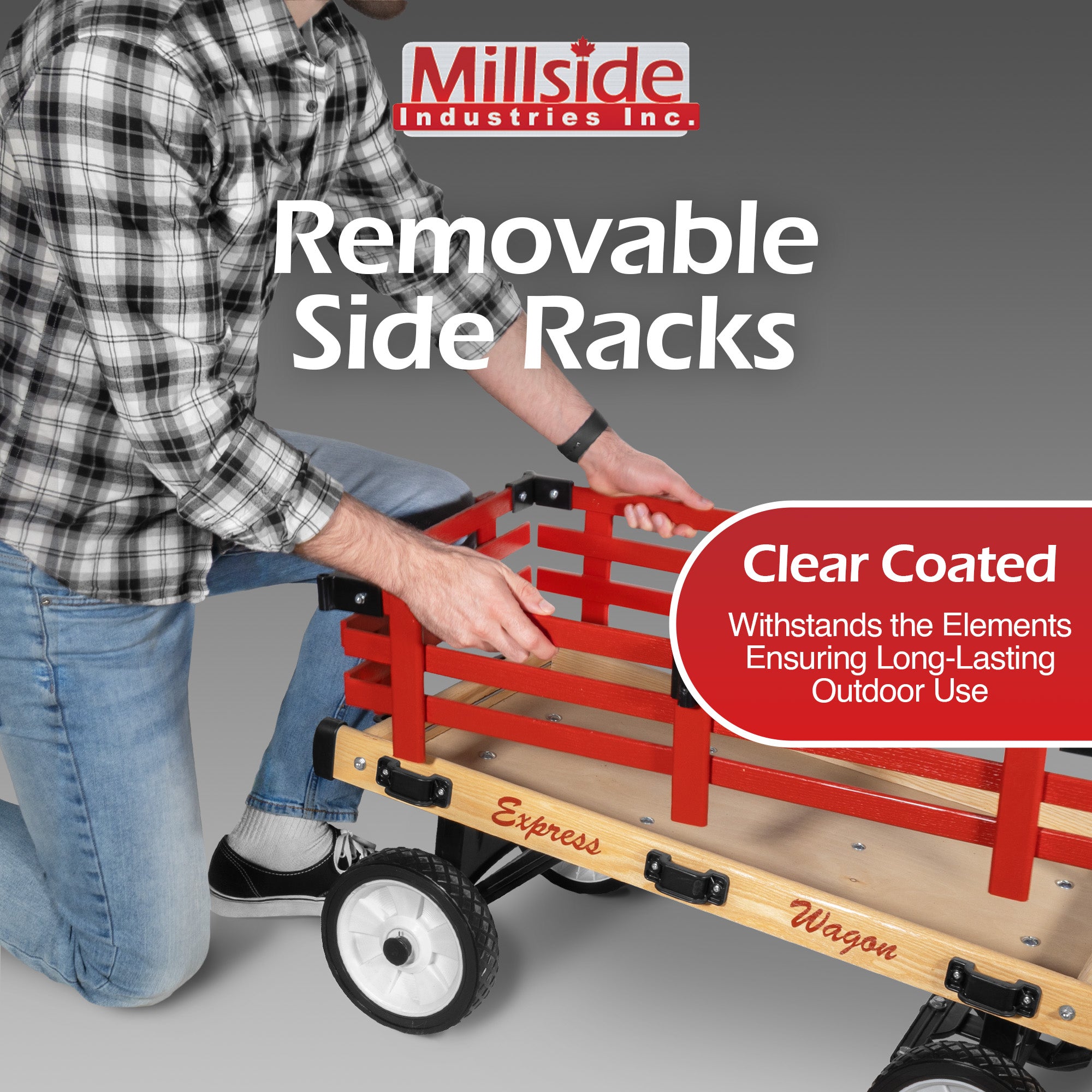 Millside Industries All Season Convertible Wood Wagon Cart with Flat-Free Tires and Sleigh Runners, Red, 16" x 34"