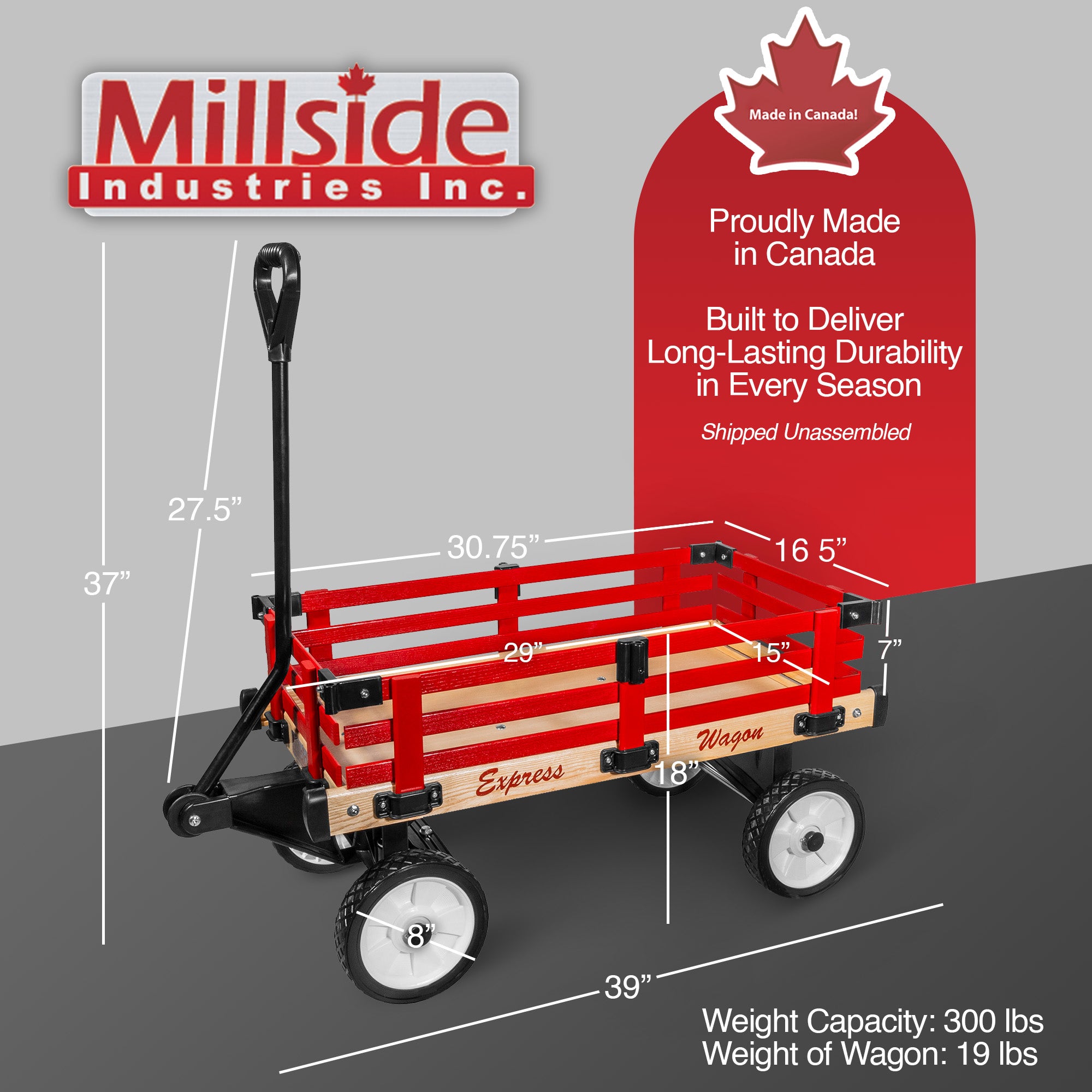 Millside Industries All Season Convertible Wood Wagon Cart with Flat-Free Tires and Sleigh Runners, Red, 16" x 34"
