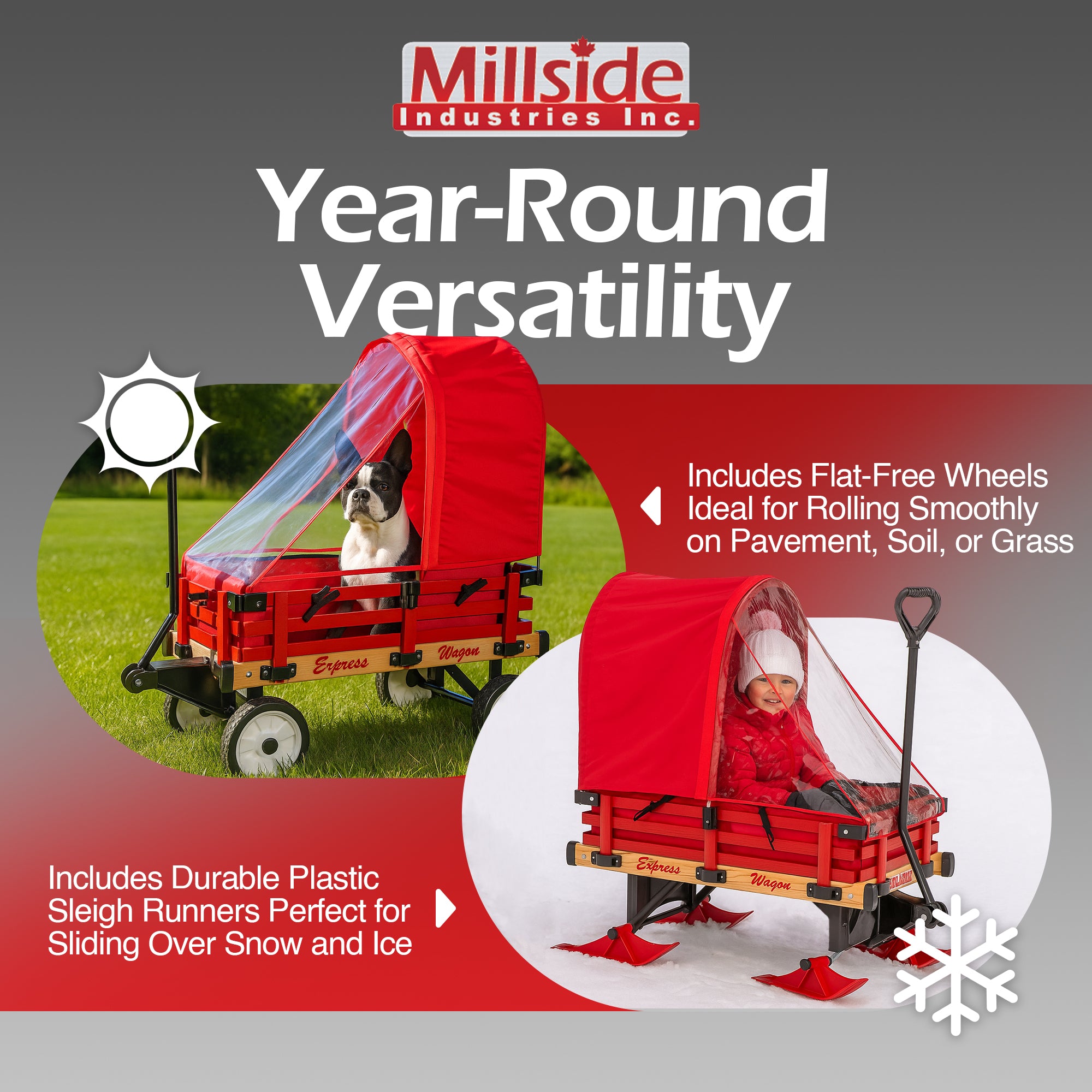 Millside Industries All Season Convertible Wagon Cart with Flat-Free Tires, Sleigh Runners, Side Pads and Half Canopy with Plastic Cover Shield, Red, 16" x 34"