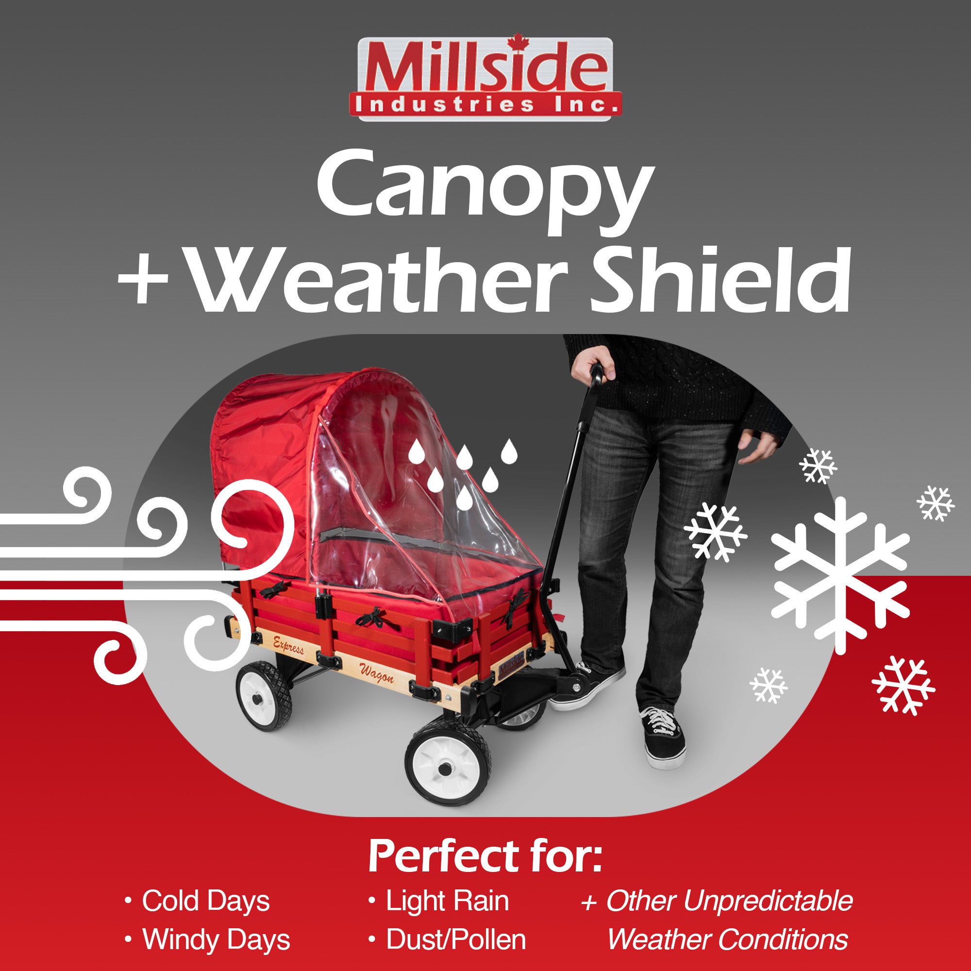 Millside Industries All Season Convertible Wagon Cart with Flat-Free Tires, Sleigh Runners, Side Pads and Half Canopy with Plastic Cover Shield, Red, 16" x 34"