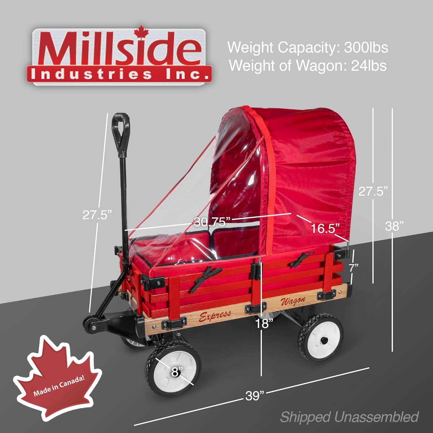 Millside Industries All Season Convertible Wagon Cart with Flat-Free Tires, Sleigh Runners, Side Pads and Half Canopy with Plastic Cover Shield, Red, 16" x 34"