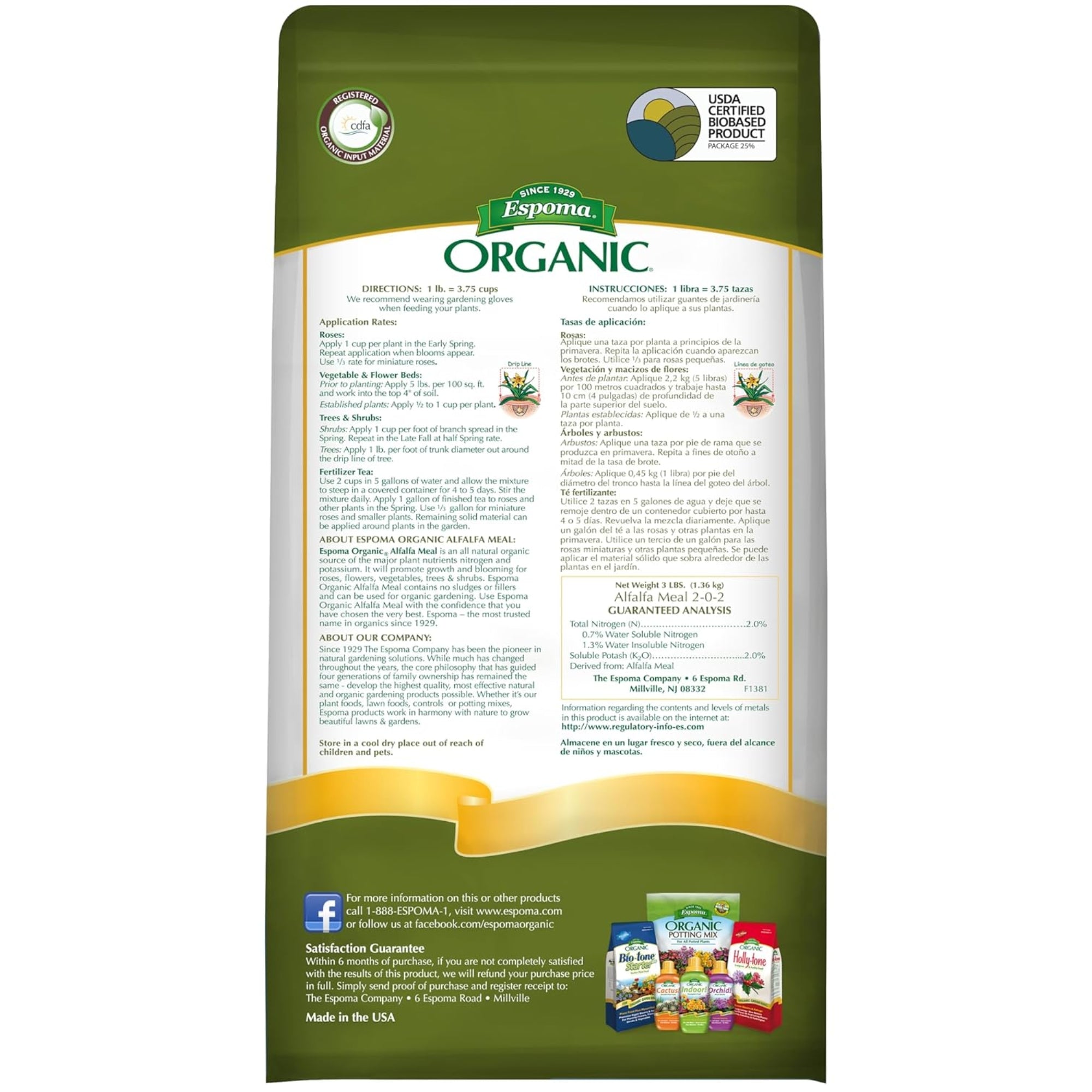 Espoma Organic 2-0-2 Alfalfa Meal All Purpose Natural Plant Food, 3lbs