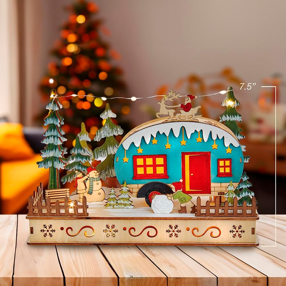 Kurt Adler Indoor Battery-Operated LED Lighted Tabletop Decoration, Wooden Camper, 7.5"