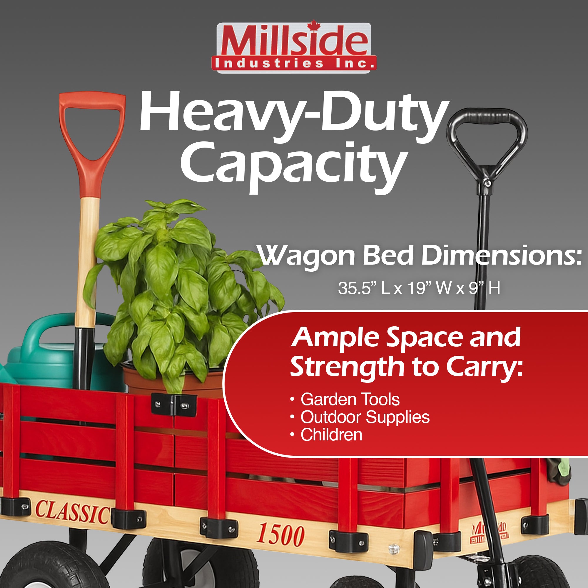 Millside Industries Classic Wood Wagon Cart with Removable Wooden Side Racks and Pneumatic Tires for Outdoor Hauling, Red, 20" x 38"