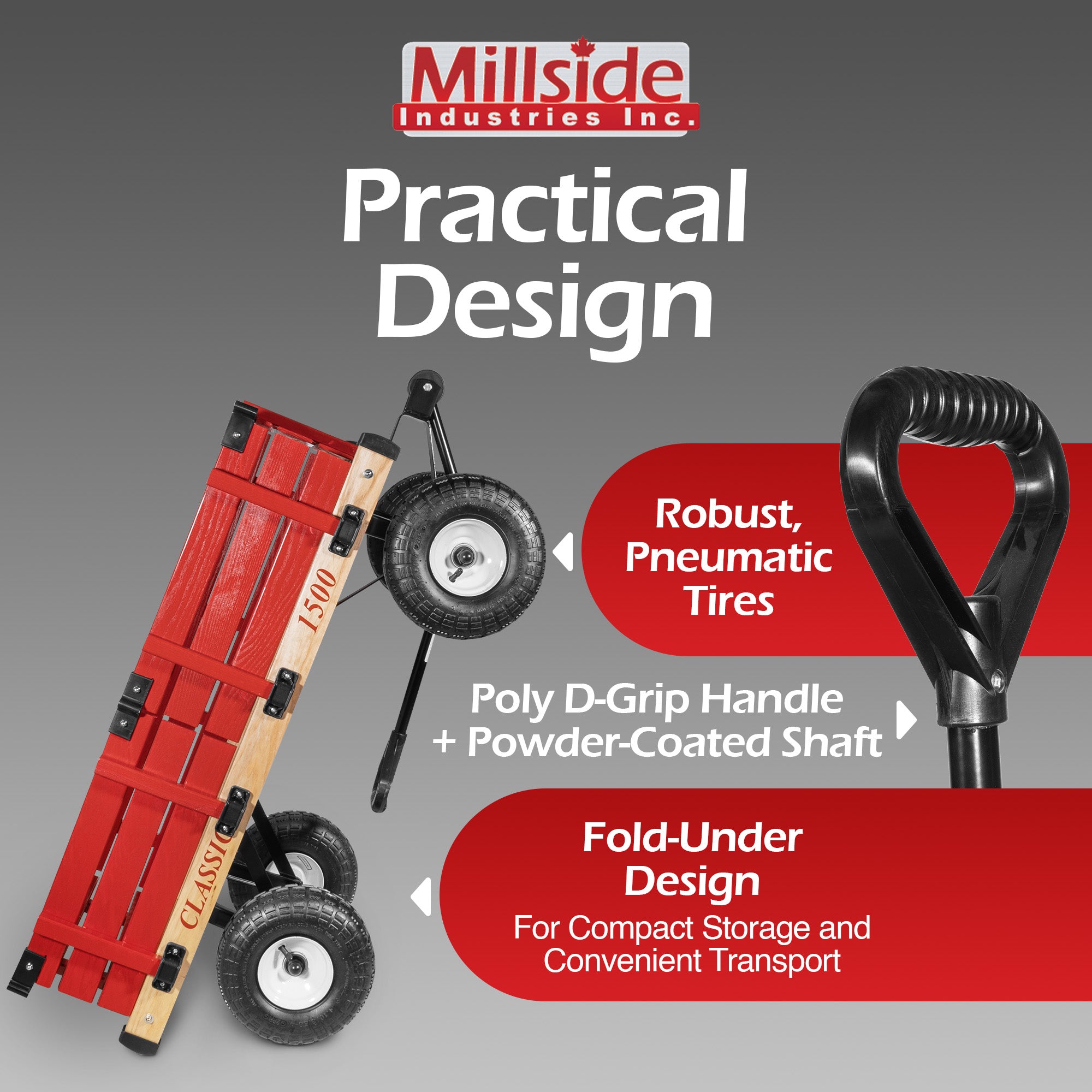 Millside Industries Classic Wood Wagon Cart with Removable Wooden Side Racks and Pneumatic Tires for Outdoor Hauling, Red, 20" x 38"