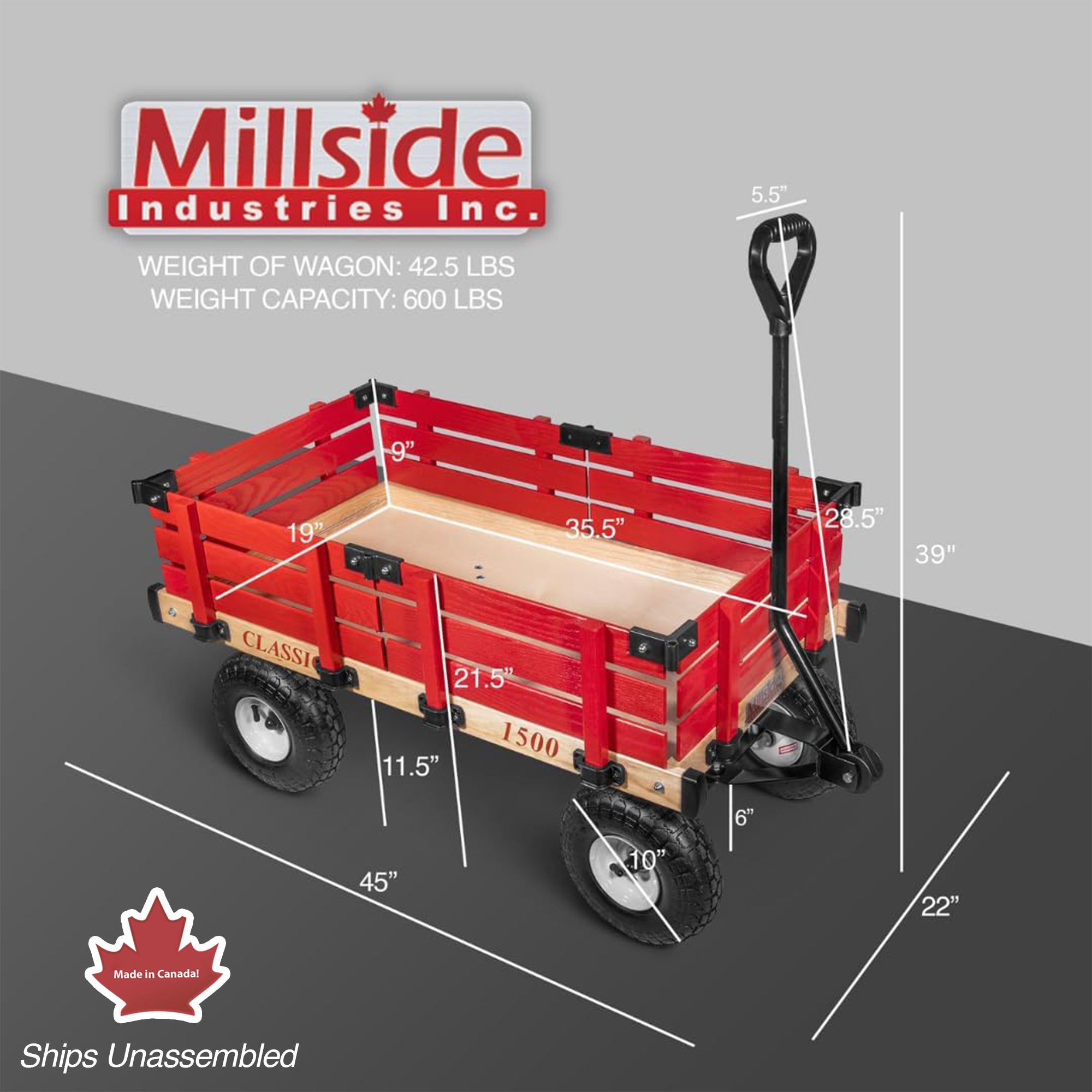 Millside Industries Classic Wood Wagon Cart with Removable Wooden Side Racks and Pneumatic Tires for Outdoor Hauling, Red, 20" x 38"