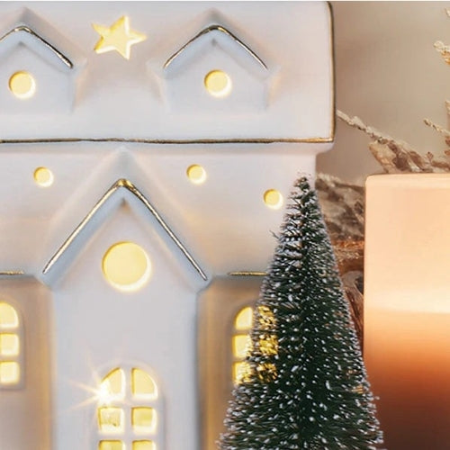 Old World Christmas Battery-Operated Lighted Ceramic Tabletop Decoration, House with Trees, 6"