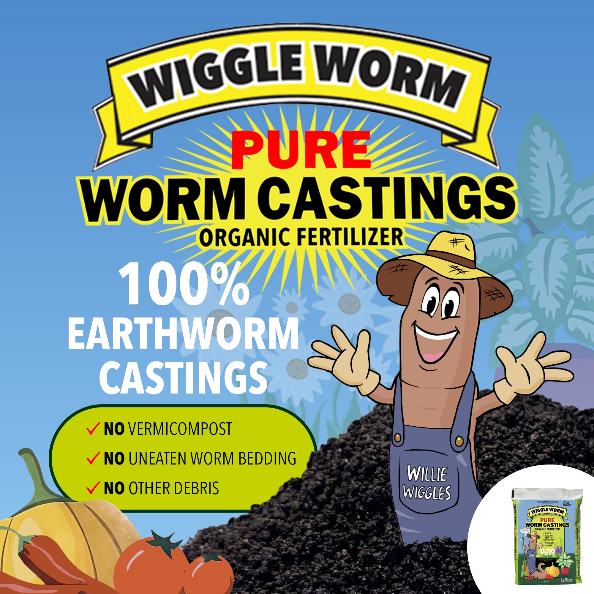 Wiggle Worm Fertilizer Combo Pack – 15lb Pure Worm Castings Fertilizer and Soil Amendment and 8oz Worm Casting Tea Concentrate for Indoor and Outdoor Gardening