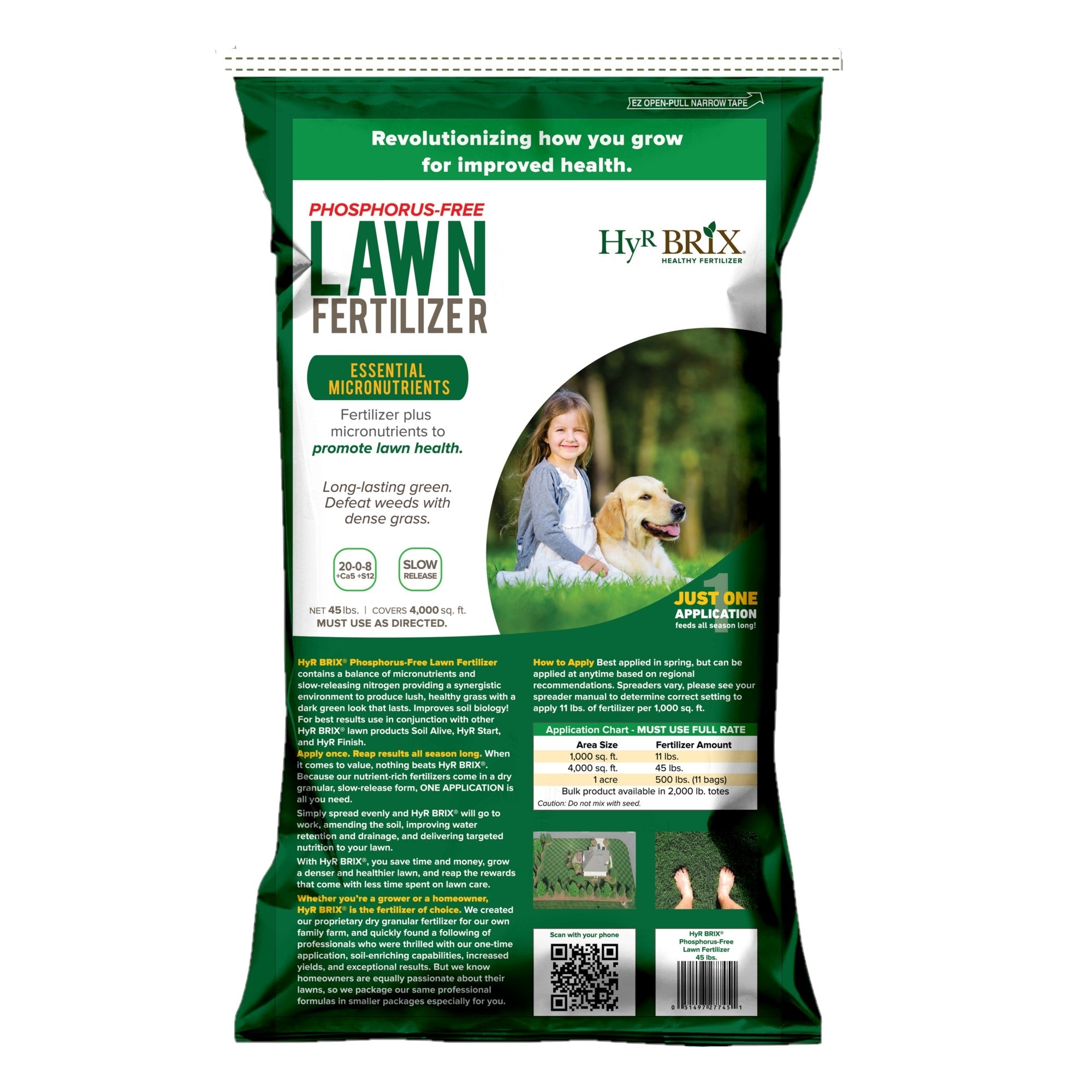 HyR BRIX Slow-Release 20-0-8 Phosphorus-Free Lawn Fertilizer Food, 45lb Bag (Covers 4,000 Sq Ft)