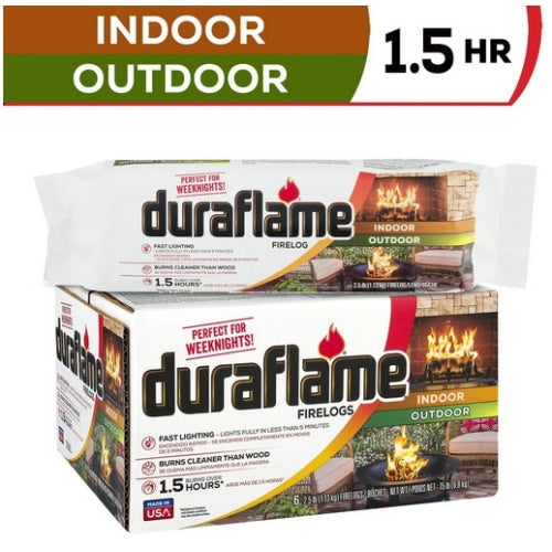 Duraflame 2.5lb Firelogs — Indoor & Outdoor Fireplace Use — Fast Lighting, 1.5-Hour Burn (Pack of 6)