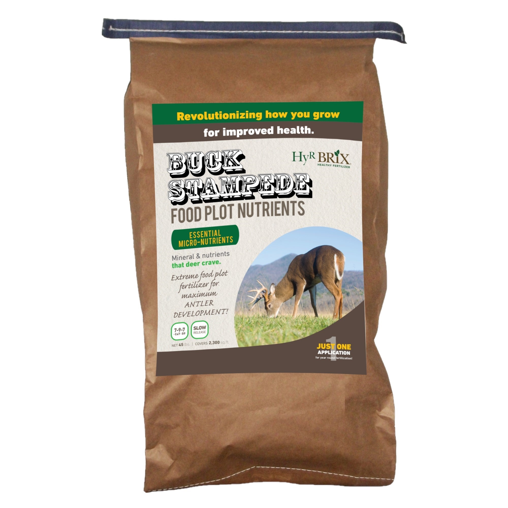 HyR BRIX Slow-Release Buck Stampede Food Plot 7-9-7 Fertilizer, 45lb Bag (Covers 2,300 Sq Ft)