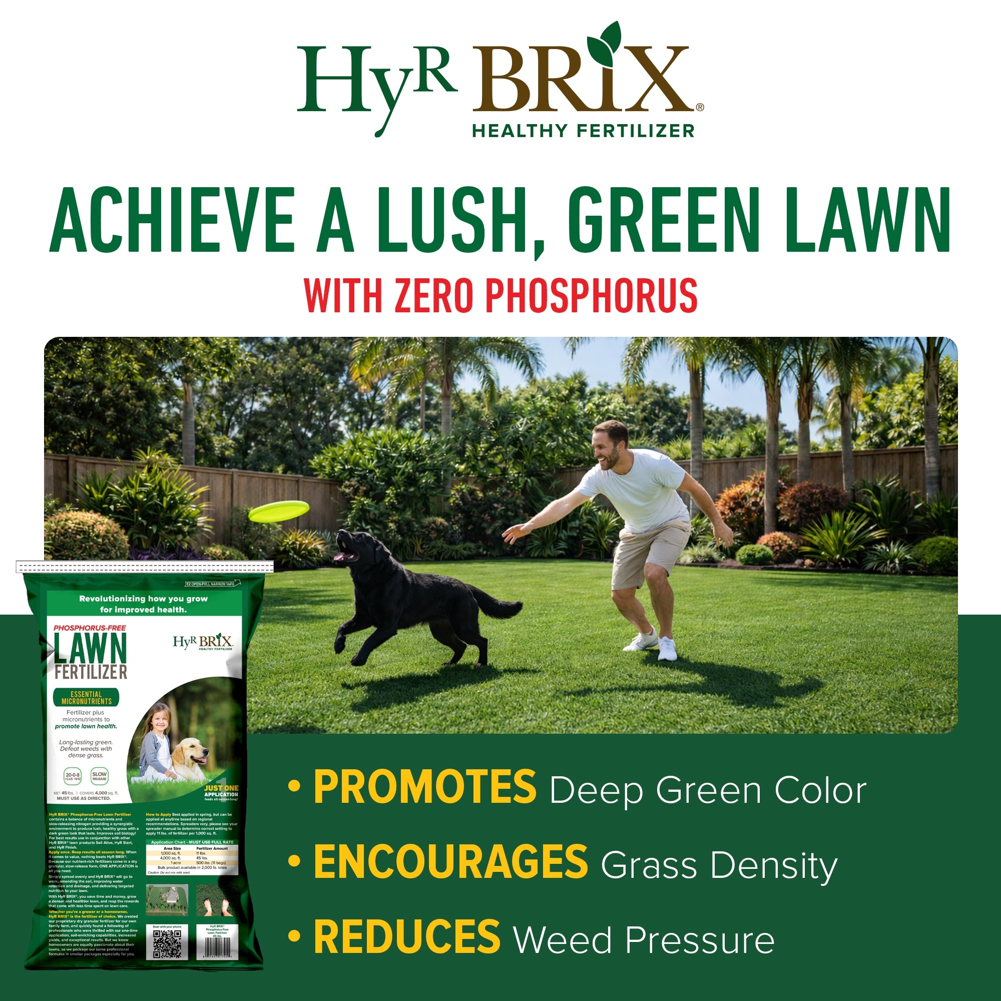 HyR BRIX Slow-Release 20-0-8 Phosphorus-Free Lawn Fertilizer Food, 45lb Bag (Covers 4,000 Sq Ft)